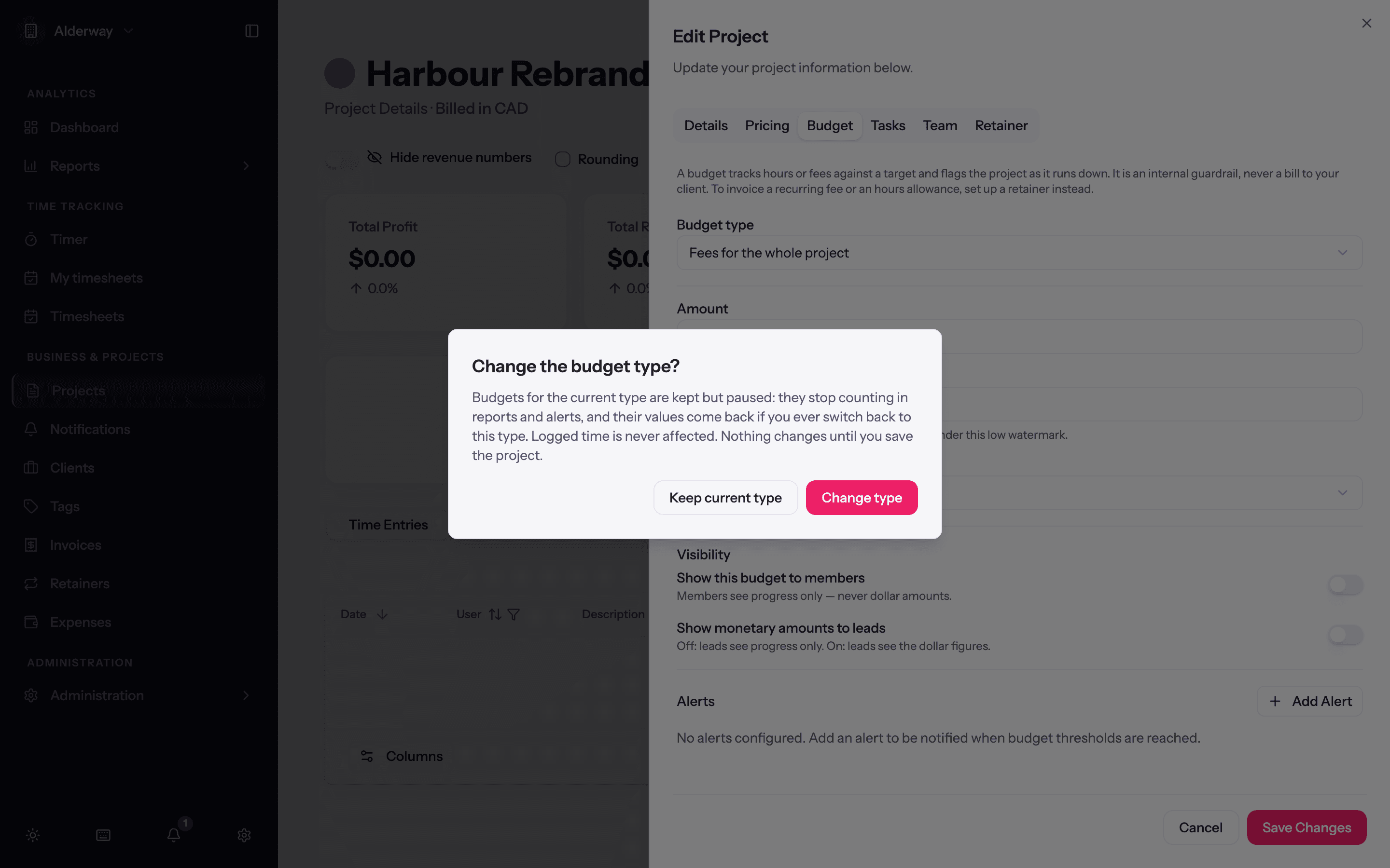 The confirmation shown when changing a project's budget type