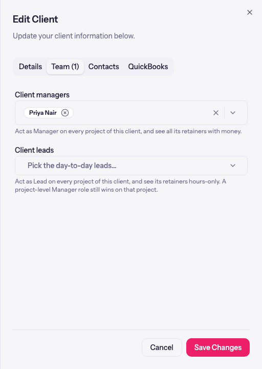 The client Team tab with client manager and client lead selectors