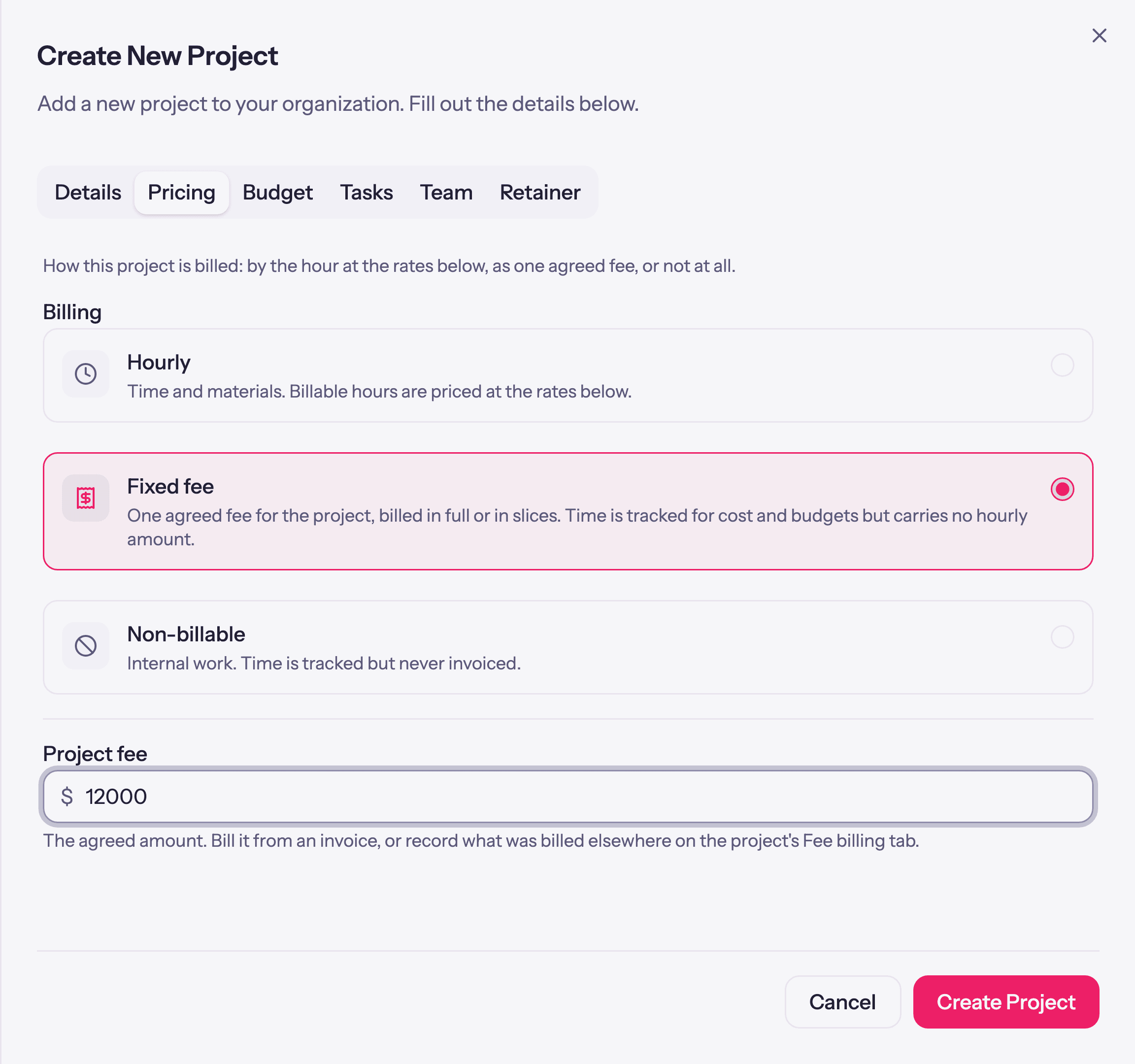 Choosing a billing type on a project: hourly, fixed fee, or non-billable