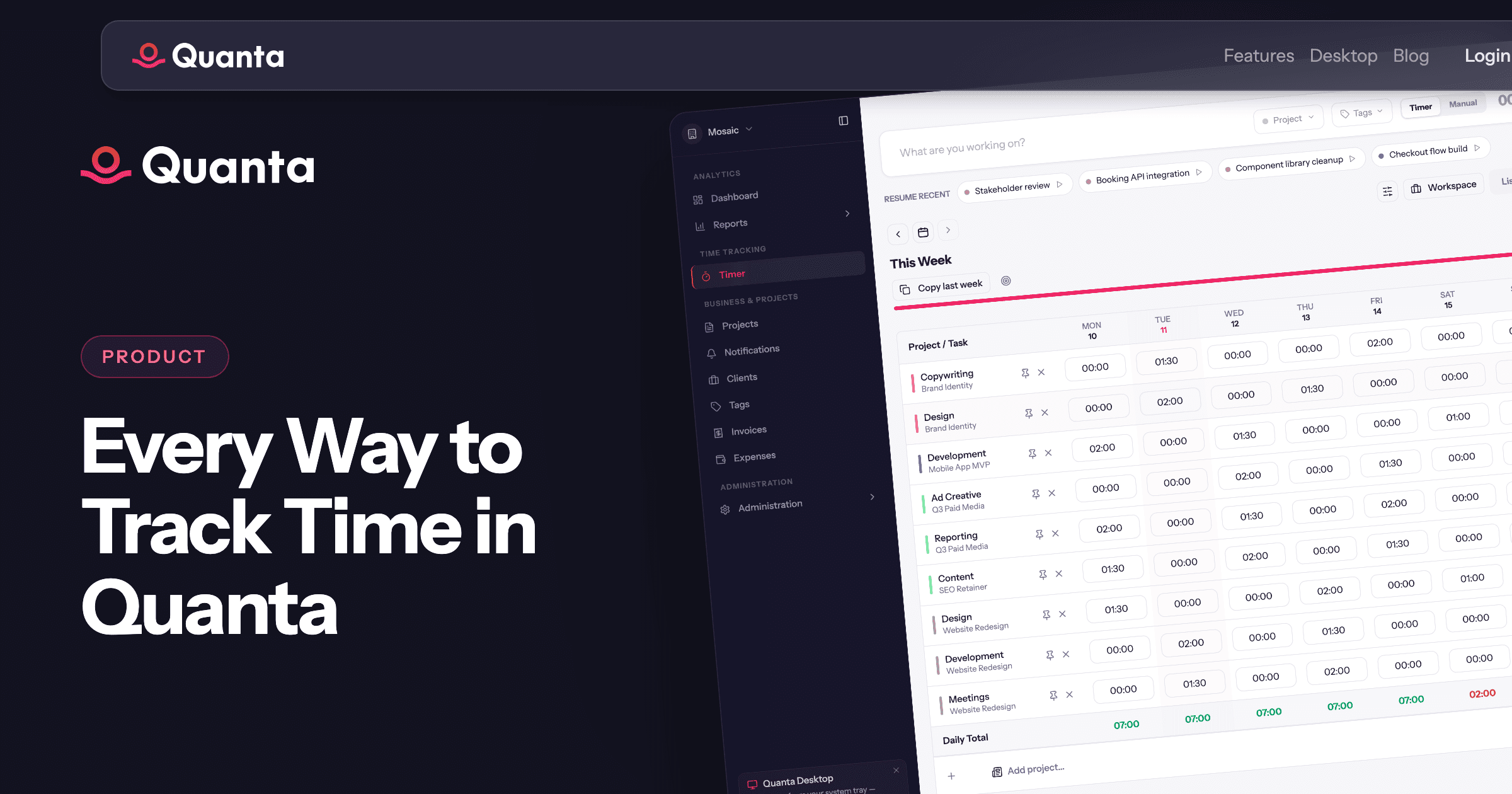Timers, timesheets, and grids: every way to track time in Quanta