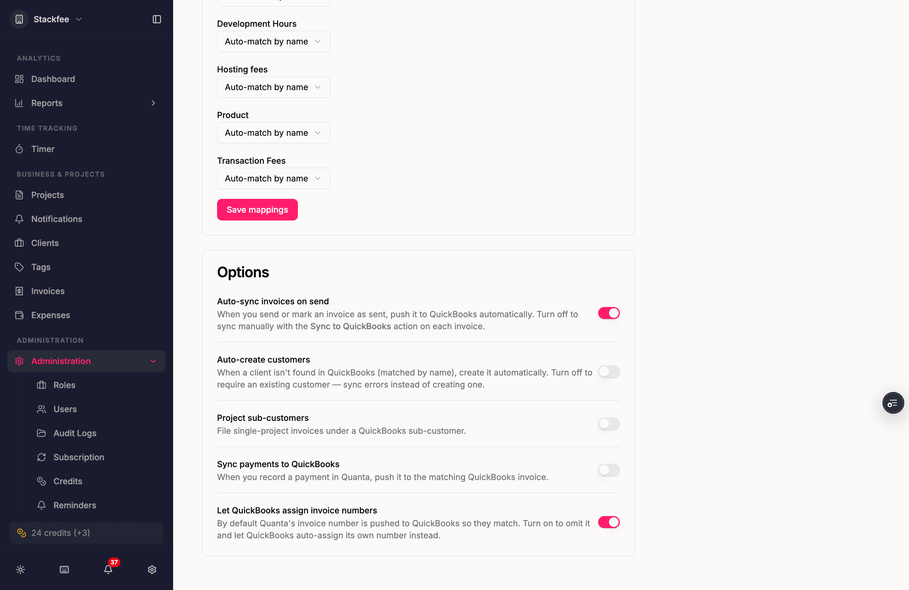 Item-type product mapping set to auto-match by name, plus the sync options — auto-sync on send, auto-create customers, project sub-customers, payment sync, and invoice numbering
