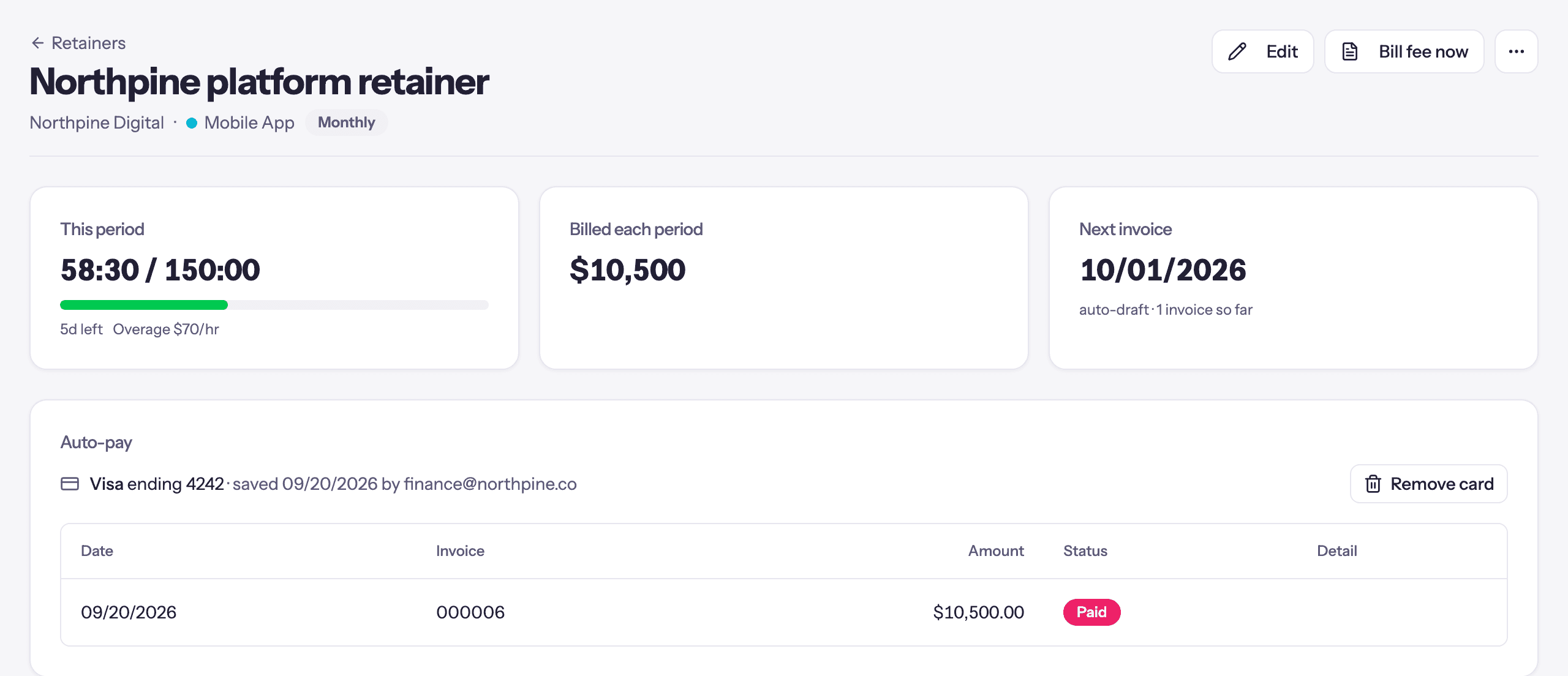 A retainer's page in Quanta: this period's usage, the fee billed each period and the next invoice date, then the Auto-pay panel with the saved Visa card and a paid charge