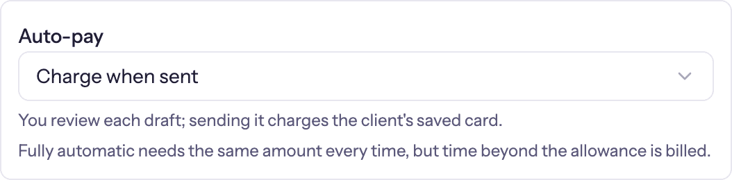 The Auto-pay setting on a retainer, set to Charge when sent: you review each draft, and sending it charges the client's saved card
