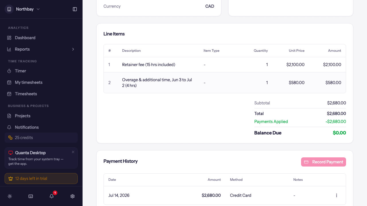 A retainer invoice's line items with the fee line, the overage line for the period, and the totals