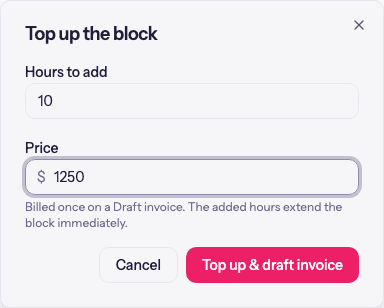 The top-up dialog asking for hours to add and a price