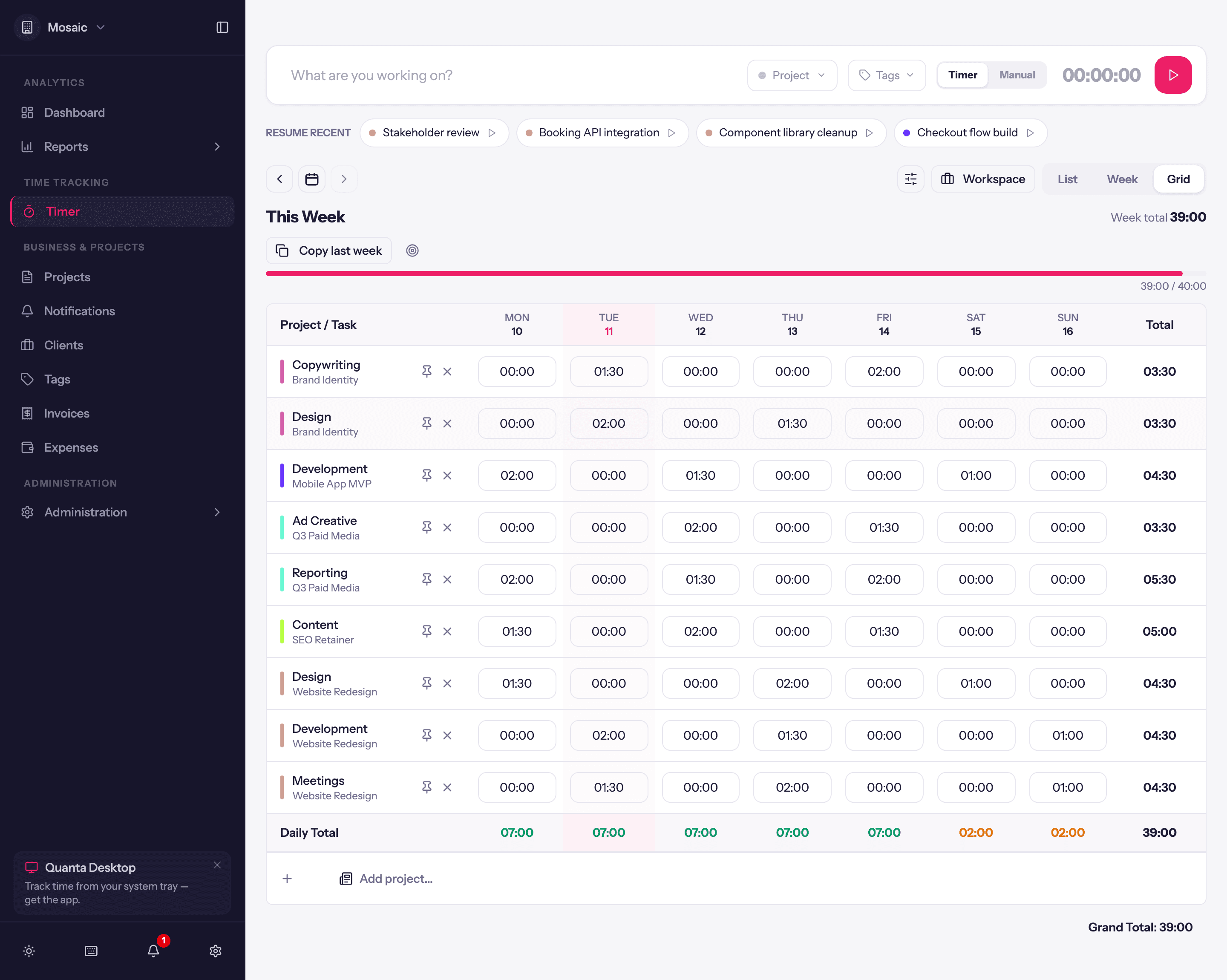 The Quanta grid view, a weekly timesheet of project and task rows against days