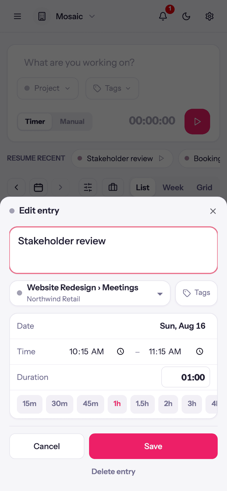 Editing a time entry on a phone: description, project, tags, date, time and duration in a bottom sheet
