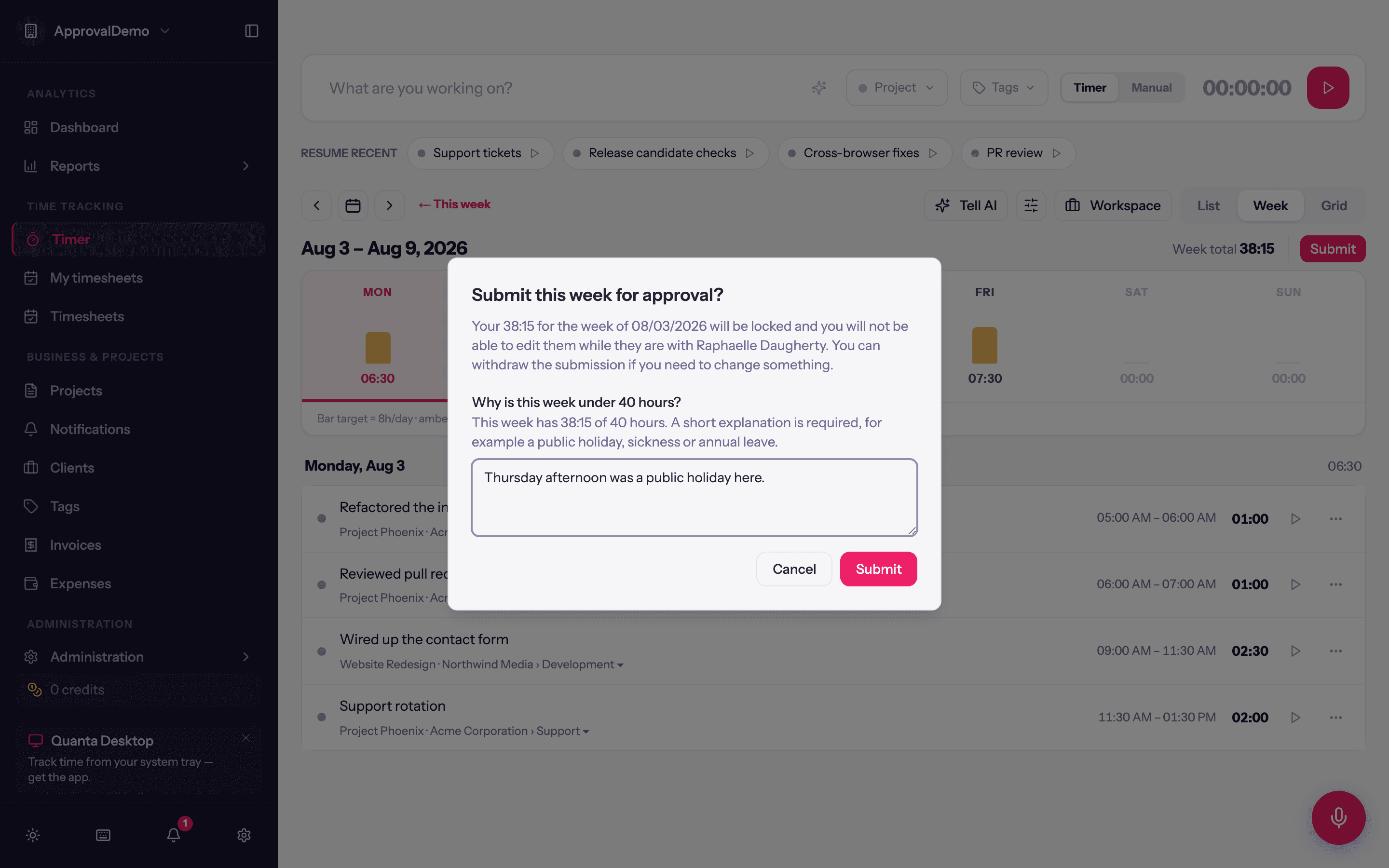 Submitting a week for approval: the week total, the lock warning, and a note for the approver