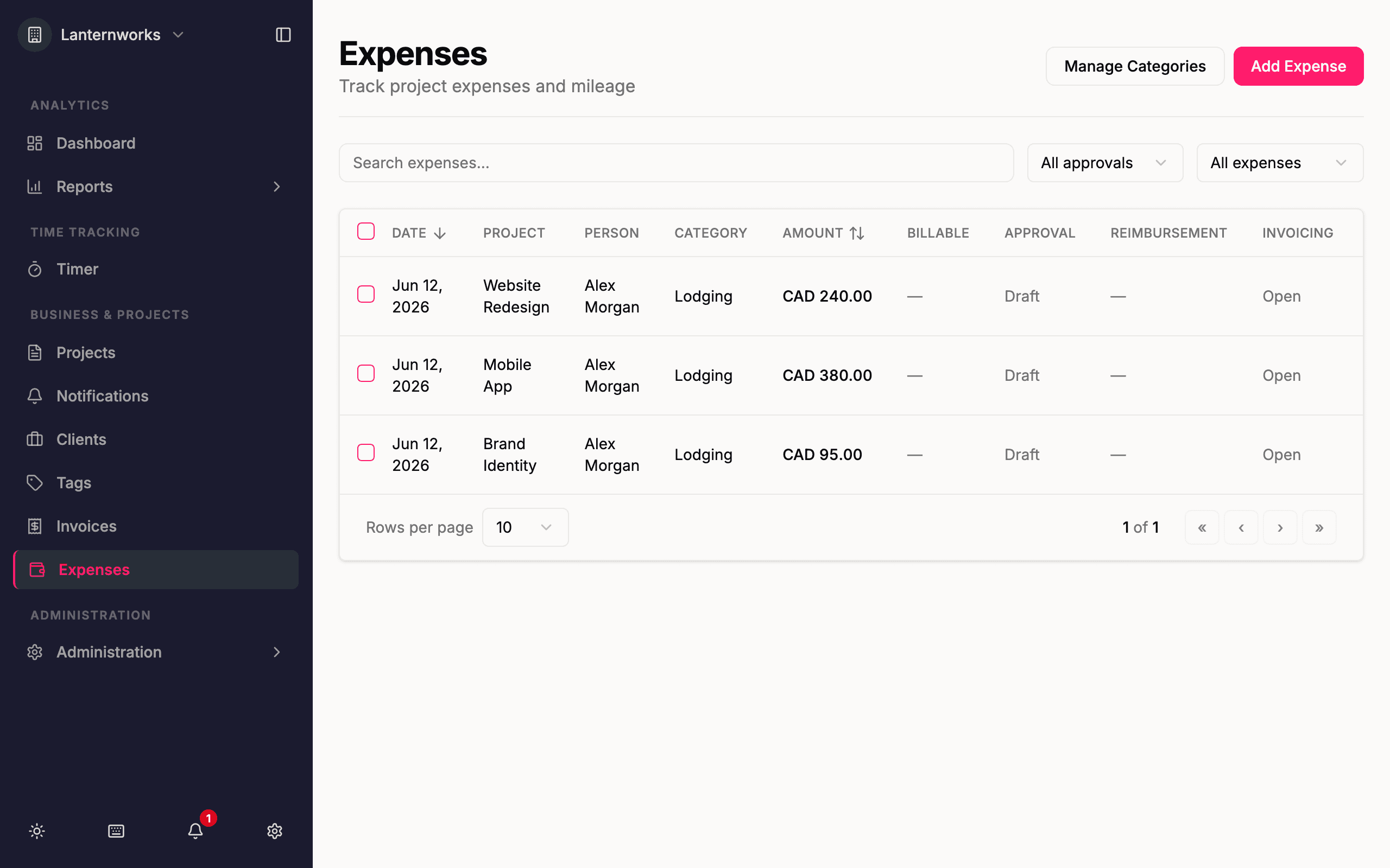 Project expenses with receipts in Quanta