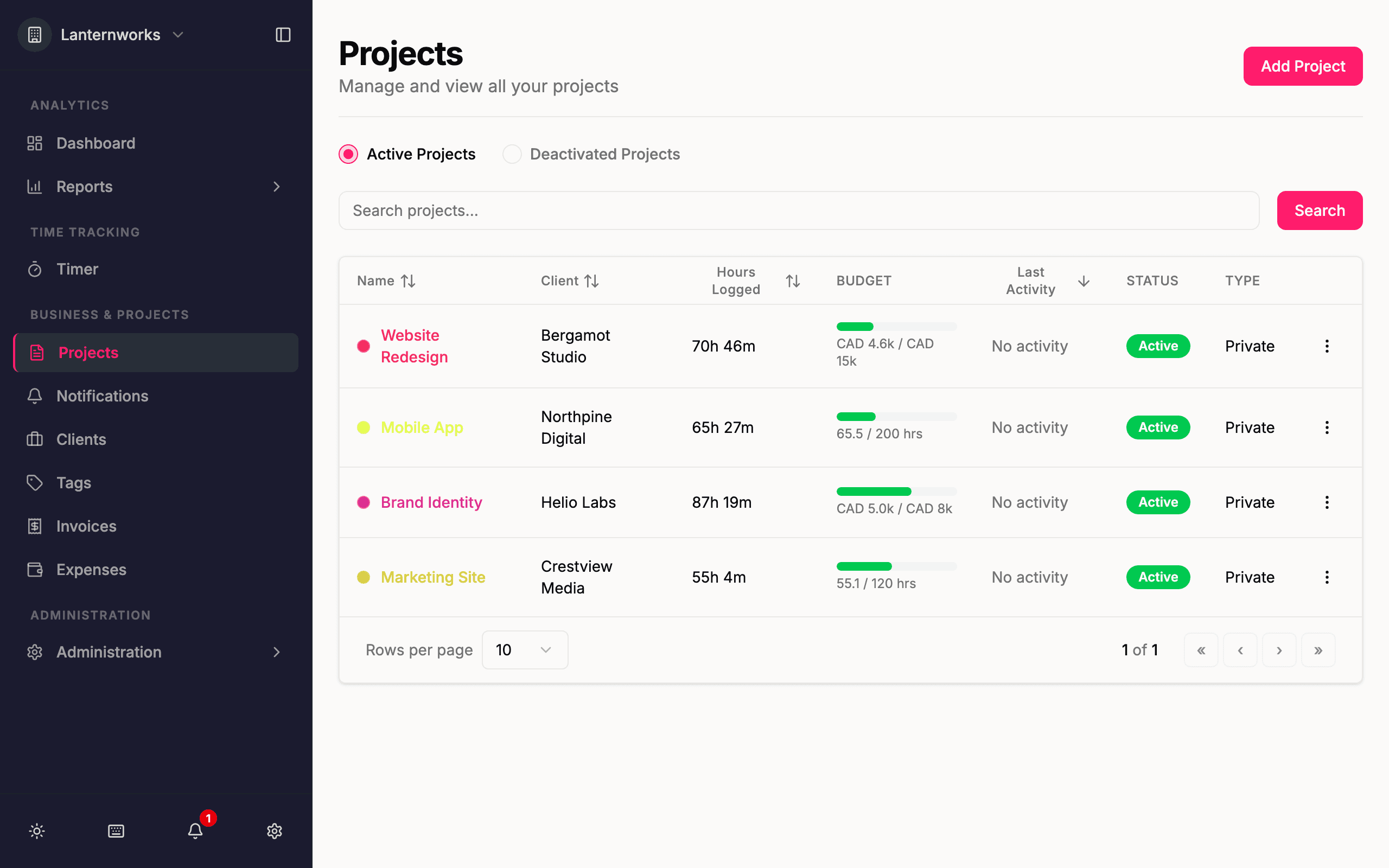 Quanta projects list with clients and budgets