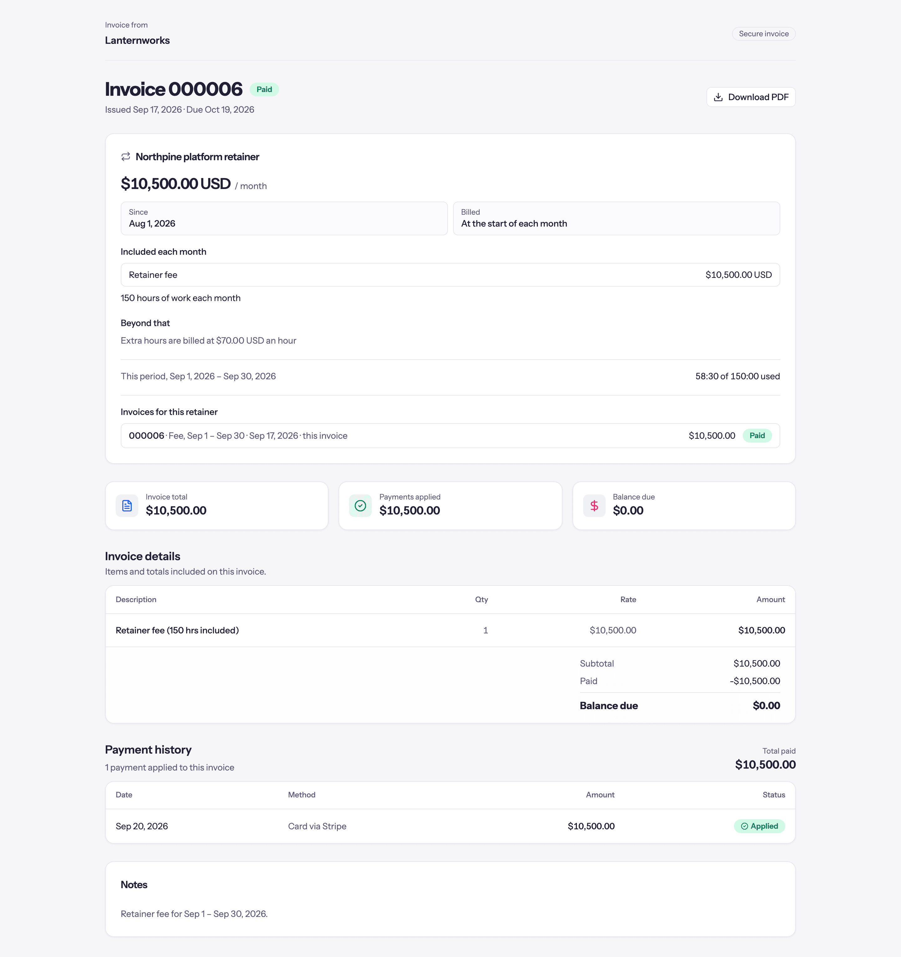 A paid invoice in the portal: zero balance and a Card via Stripe payment in its payment history.
