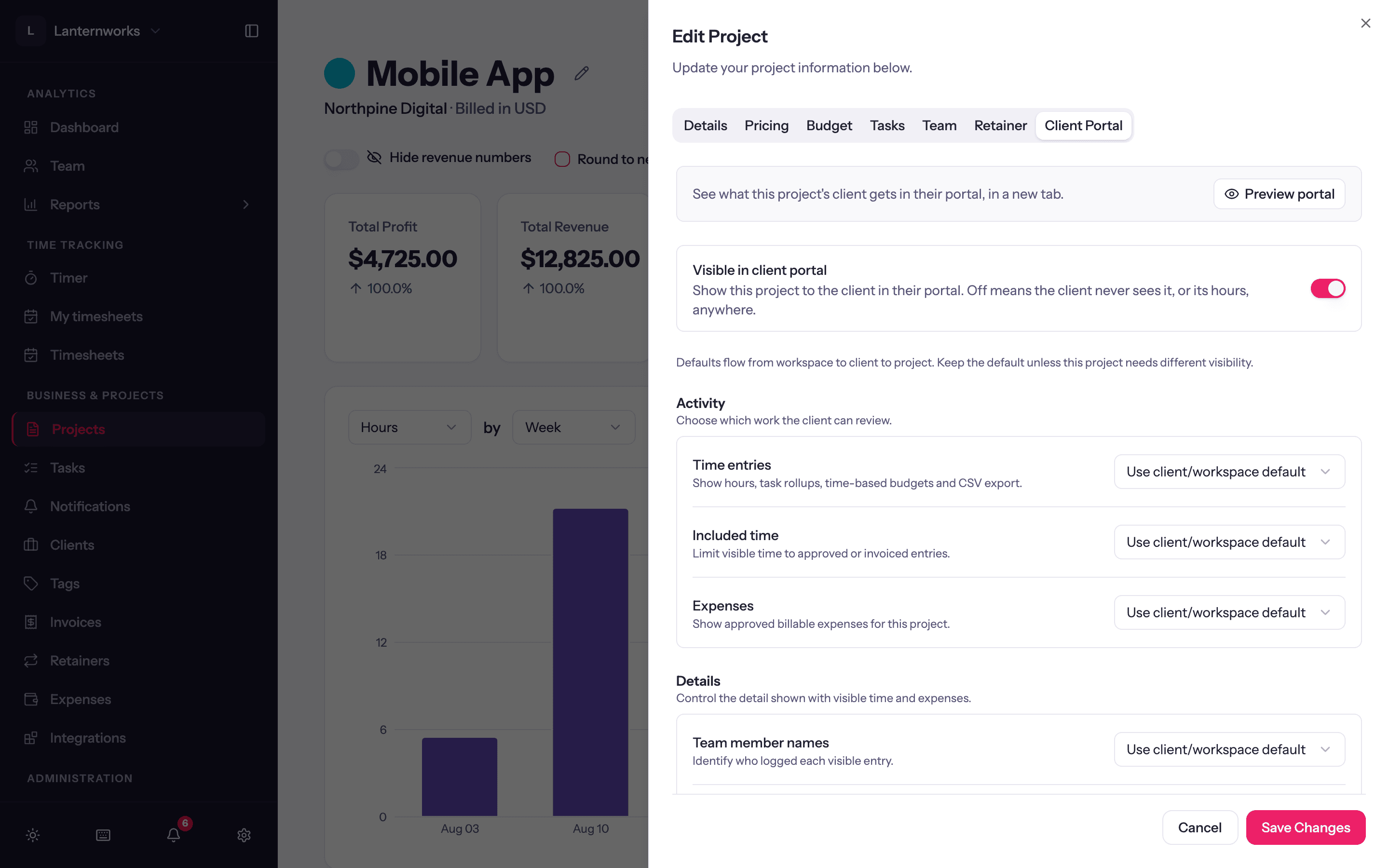 A project's Client Portal tab: Preview portal, the Visible in client portal switch, then Activity settings that use the client or workspace default.