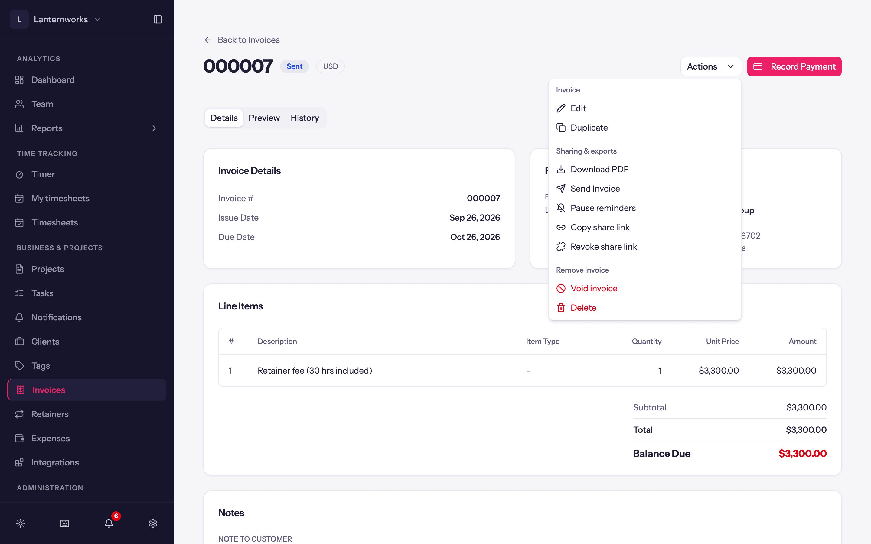 An invoice's Actions menu with Copy share link and Revoke share link under Sharing and exports.