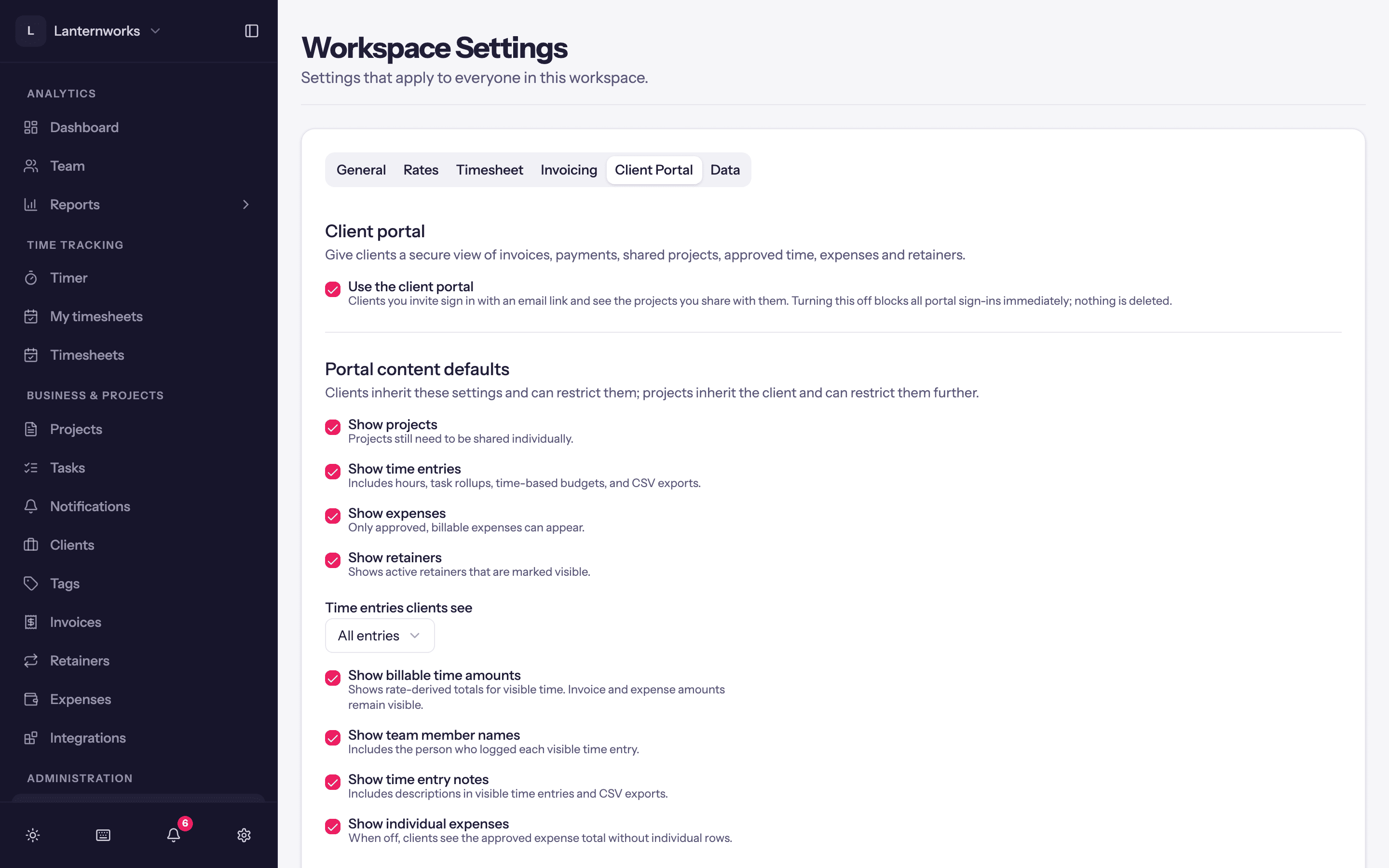The Client Portal tab in Workspace Settings: Use the client portal, then the portal content defaults.