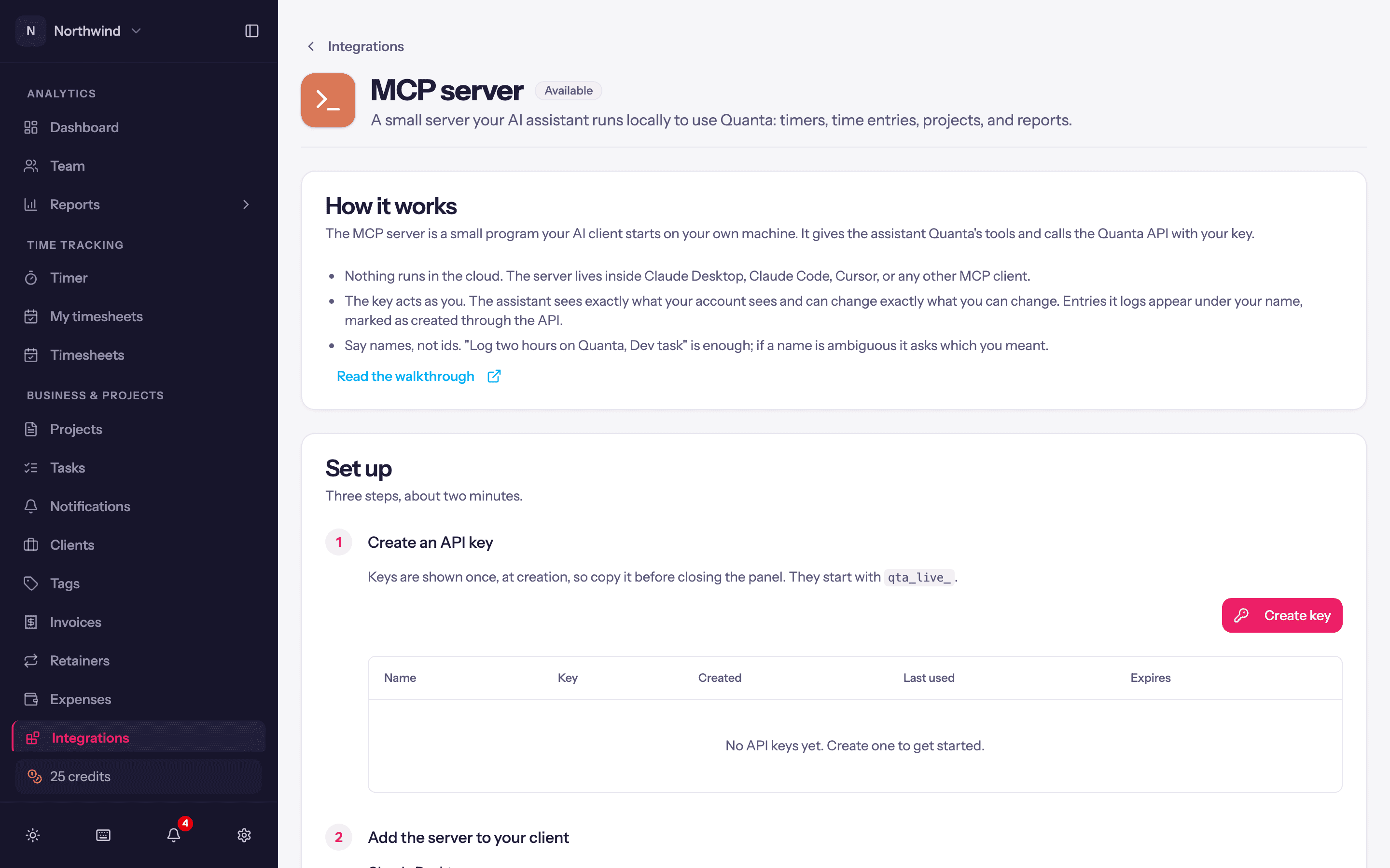 The in-app MCP server guide with the config snippets.