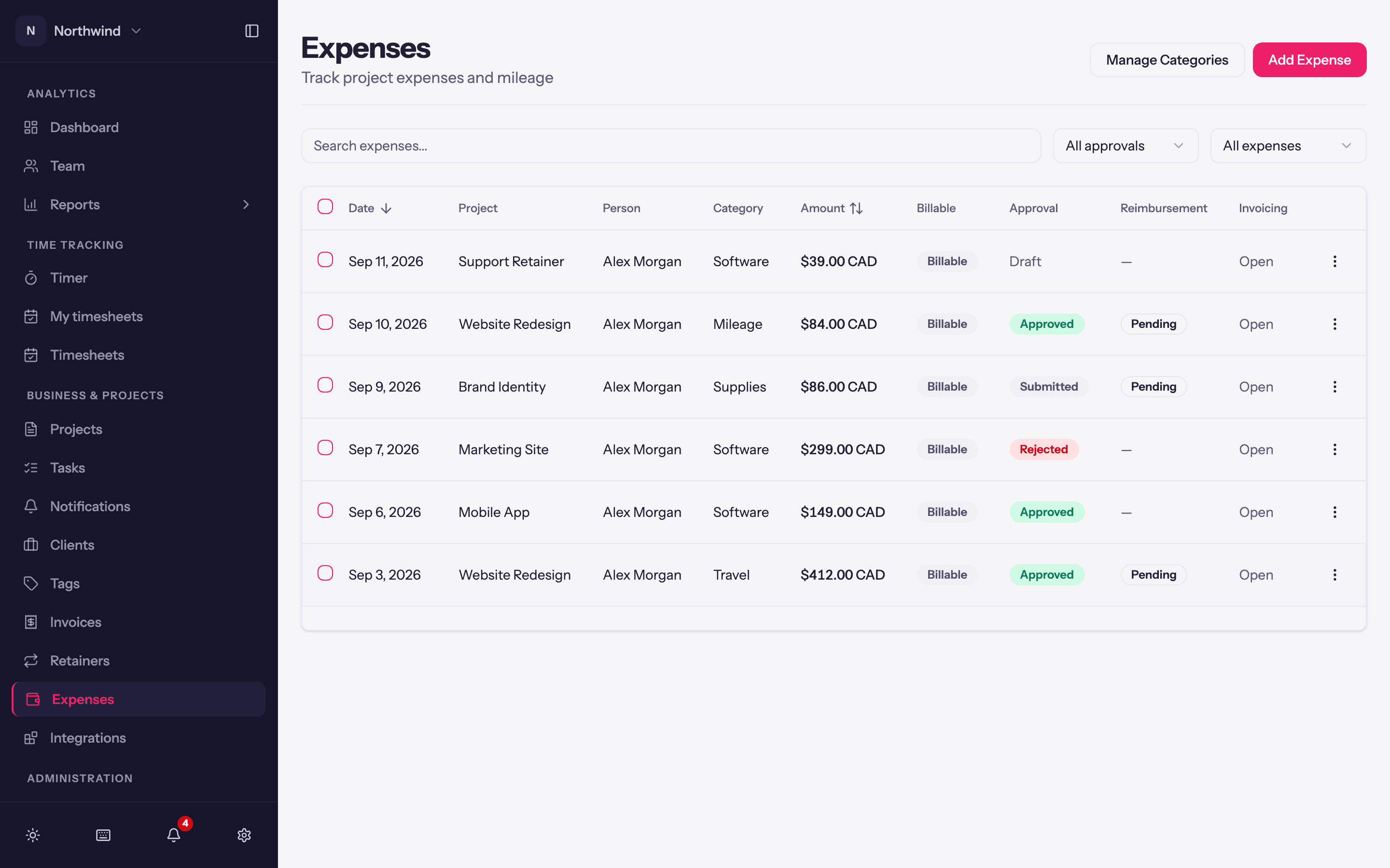 The Expenses page: one row per expense with approval, reimbursement and invoicing status columns.