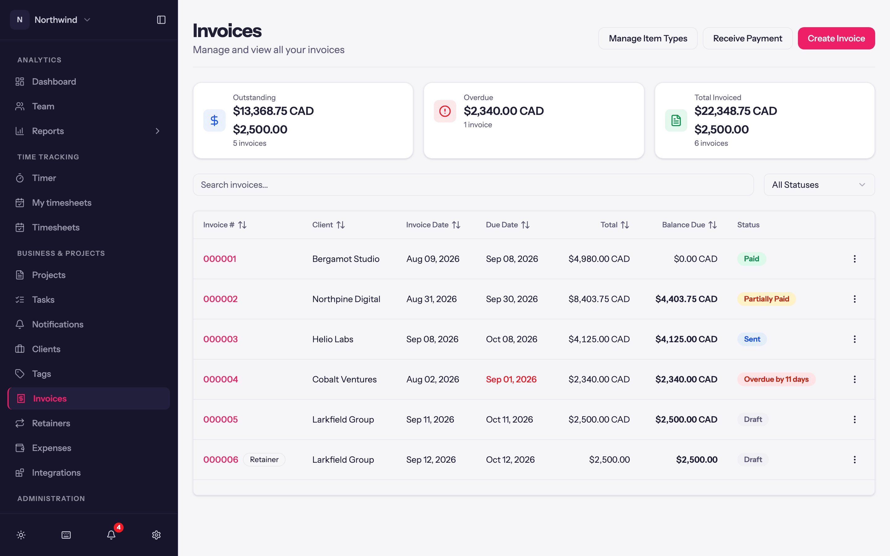 The Invoices page: Outstanding and Total Invoiced at the top, then the list with a status badge on every row.