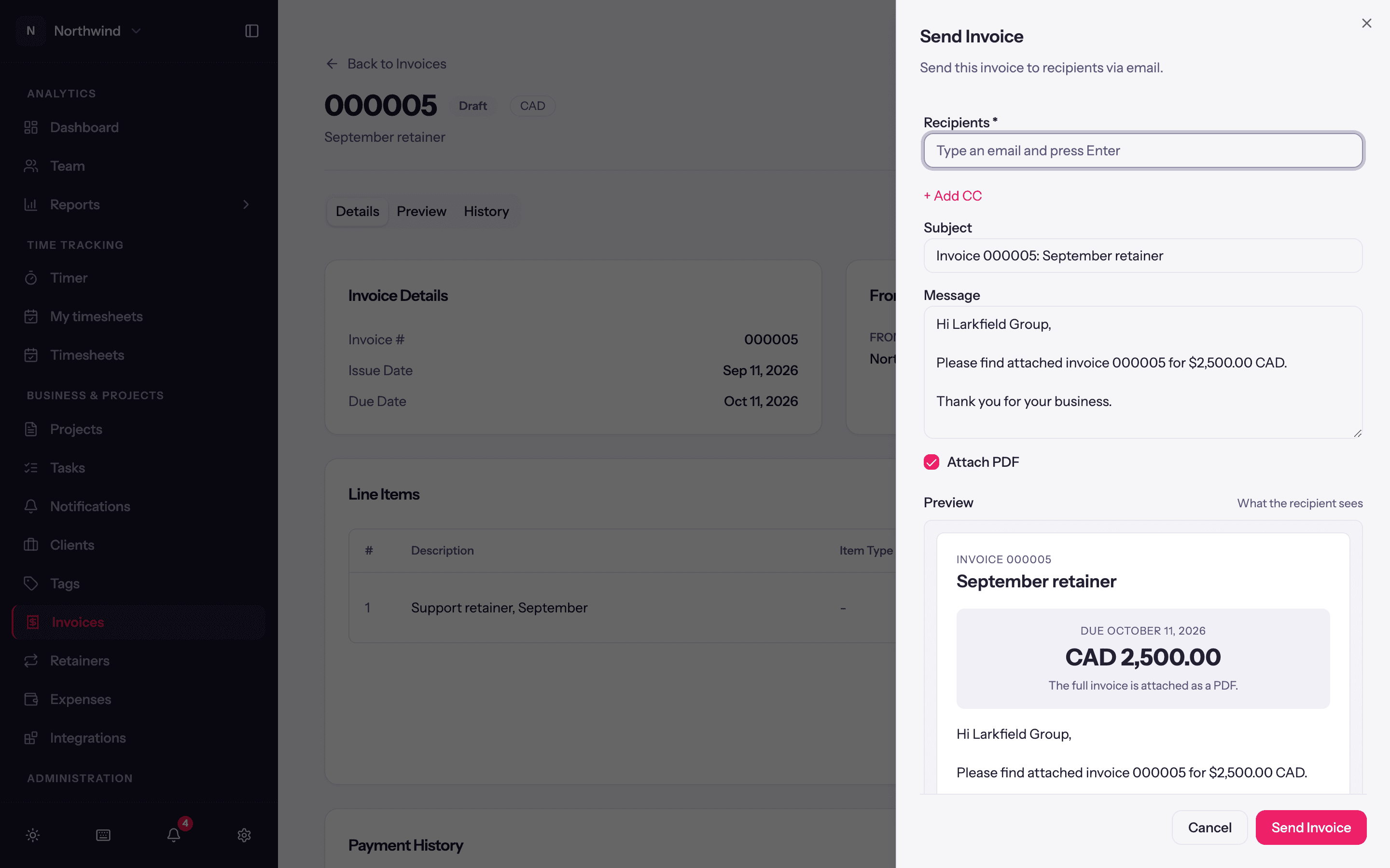 The Send Invoice sheet: recipients, subject, message, attachment switches and the email preview.