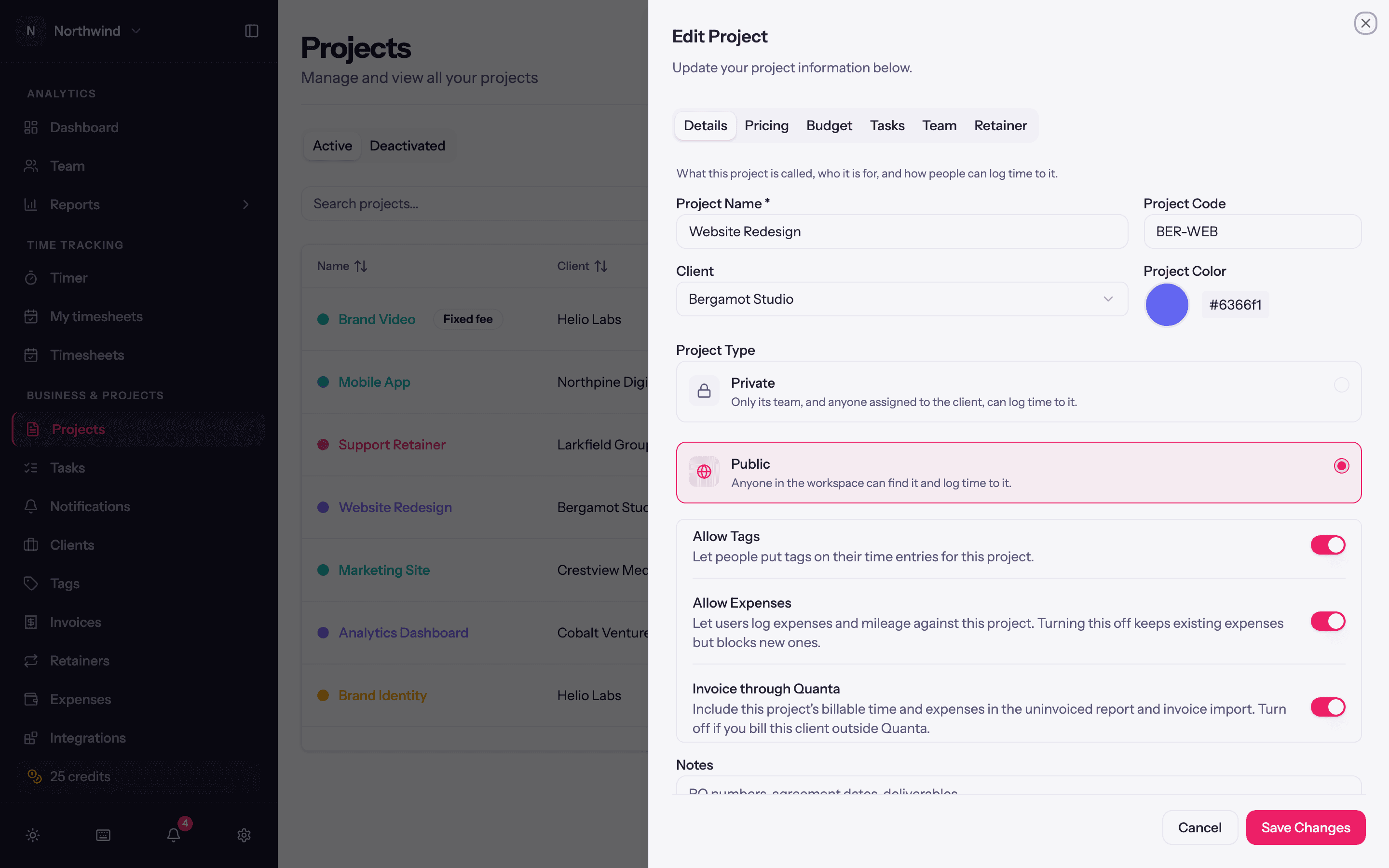 The project sheet on its Details tab.