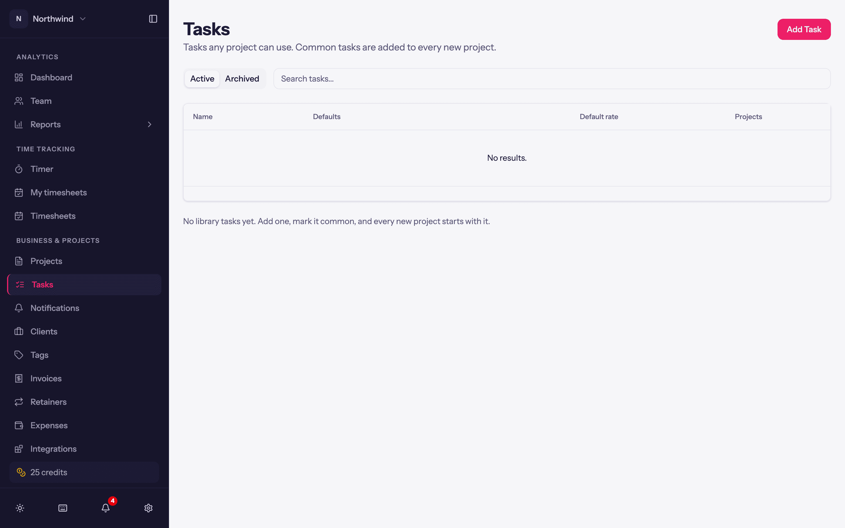The task library under Business & Projects → Tasks.