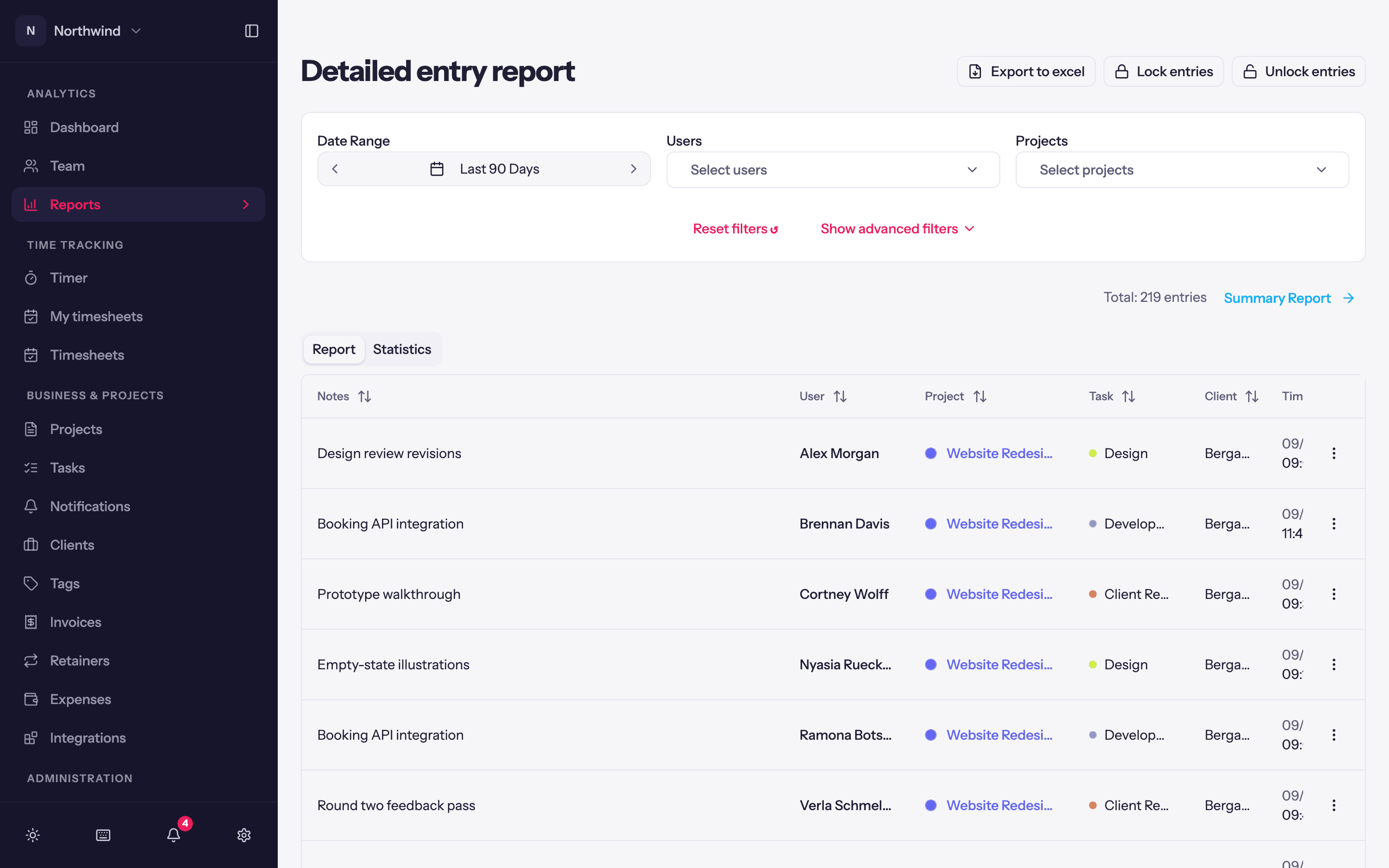 The Detailed entry report: filters across the top, then one row per entry with notes, user, project, task, client, time and duration.