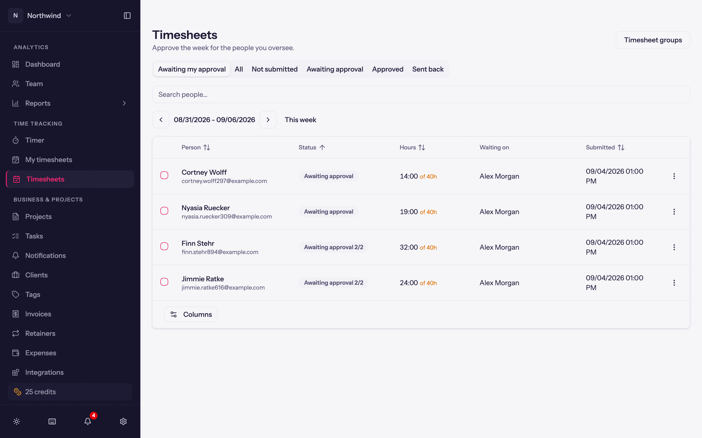 The Timesheets page for an approver: weeks awaiting approval with hours against the minimum.