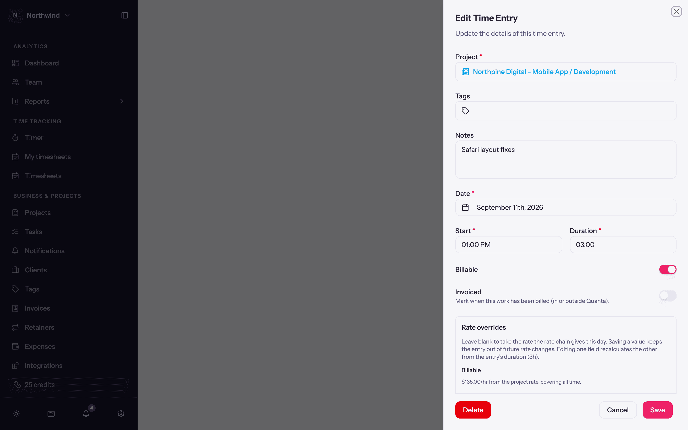 The full time entry editor with the Billable and Invoiced switches and the rate overrides.