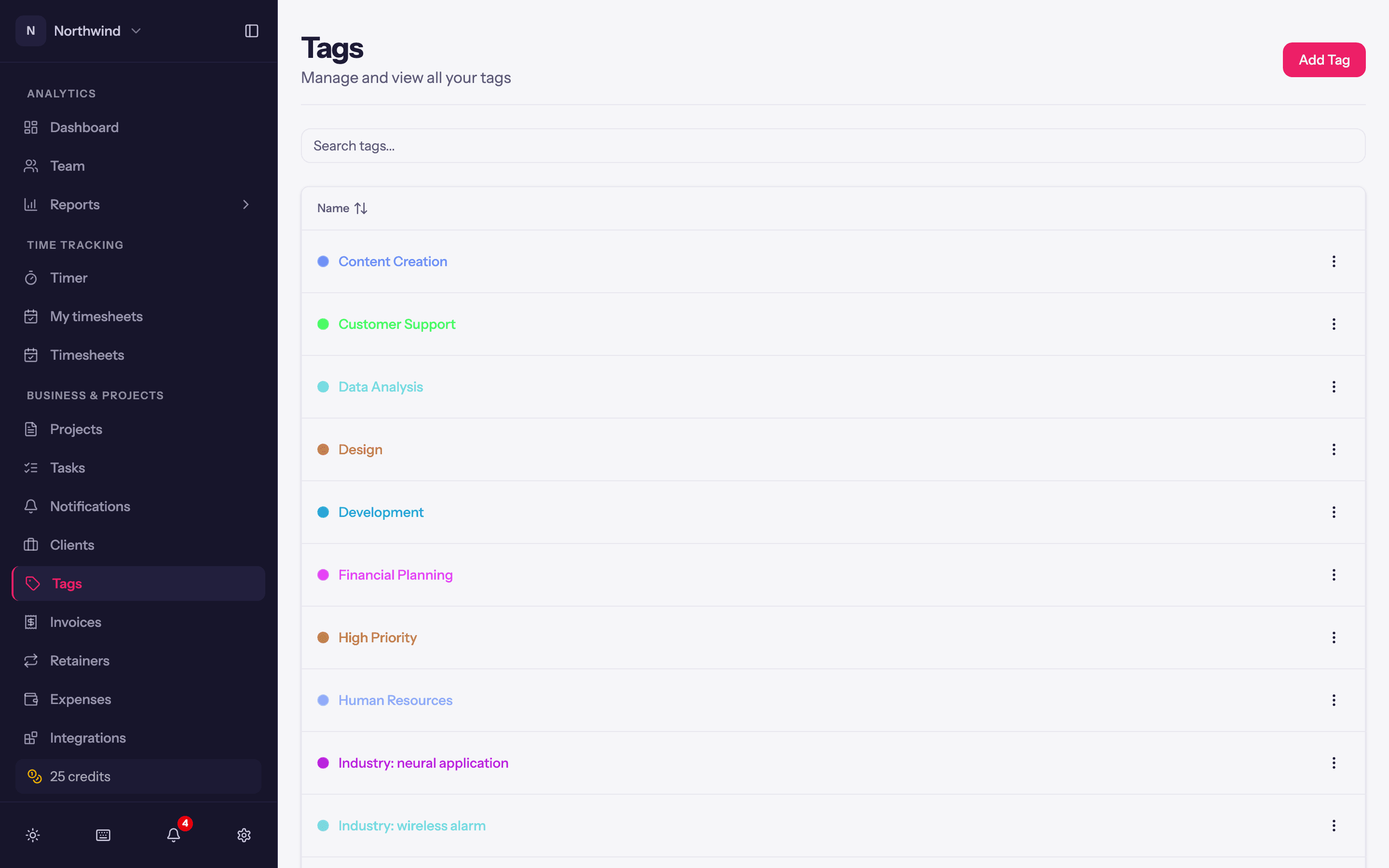 The Tags page: every tag in the workspace with its colour.