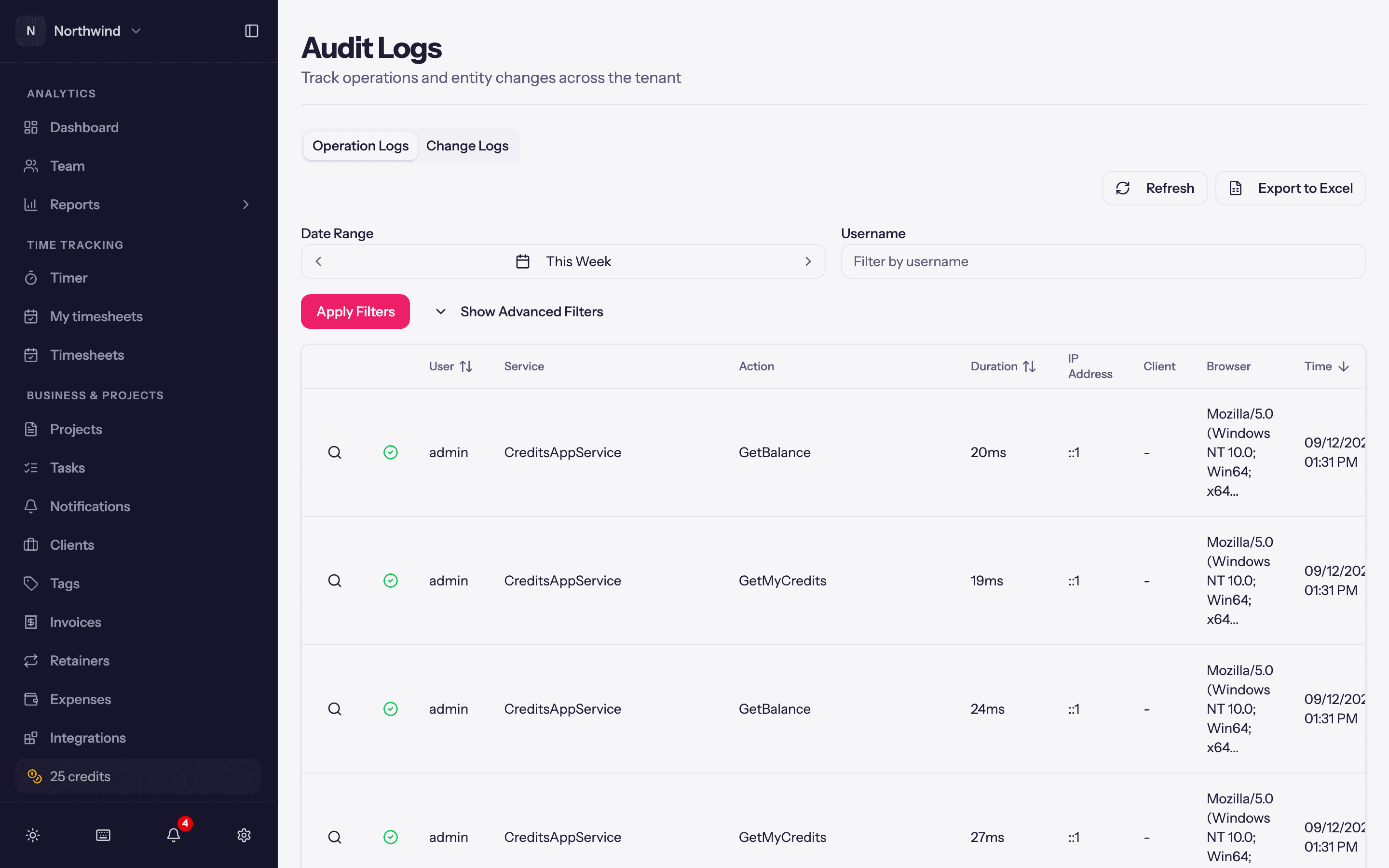 Audit Logs: the Operation Logs tab with its filters.