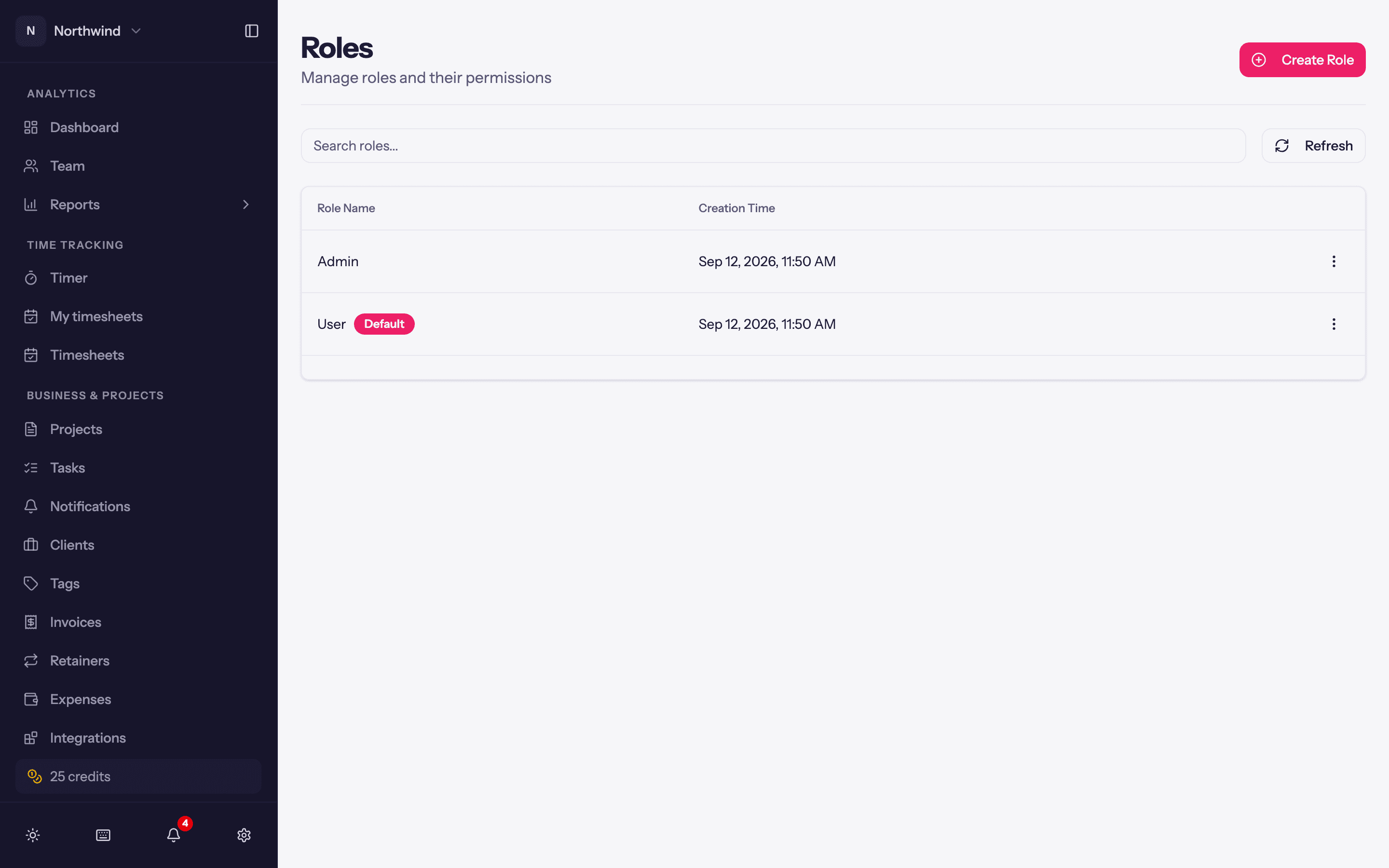 The Roles page with the built-in Admin and User roles.
