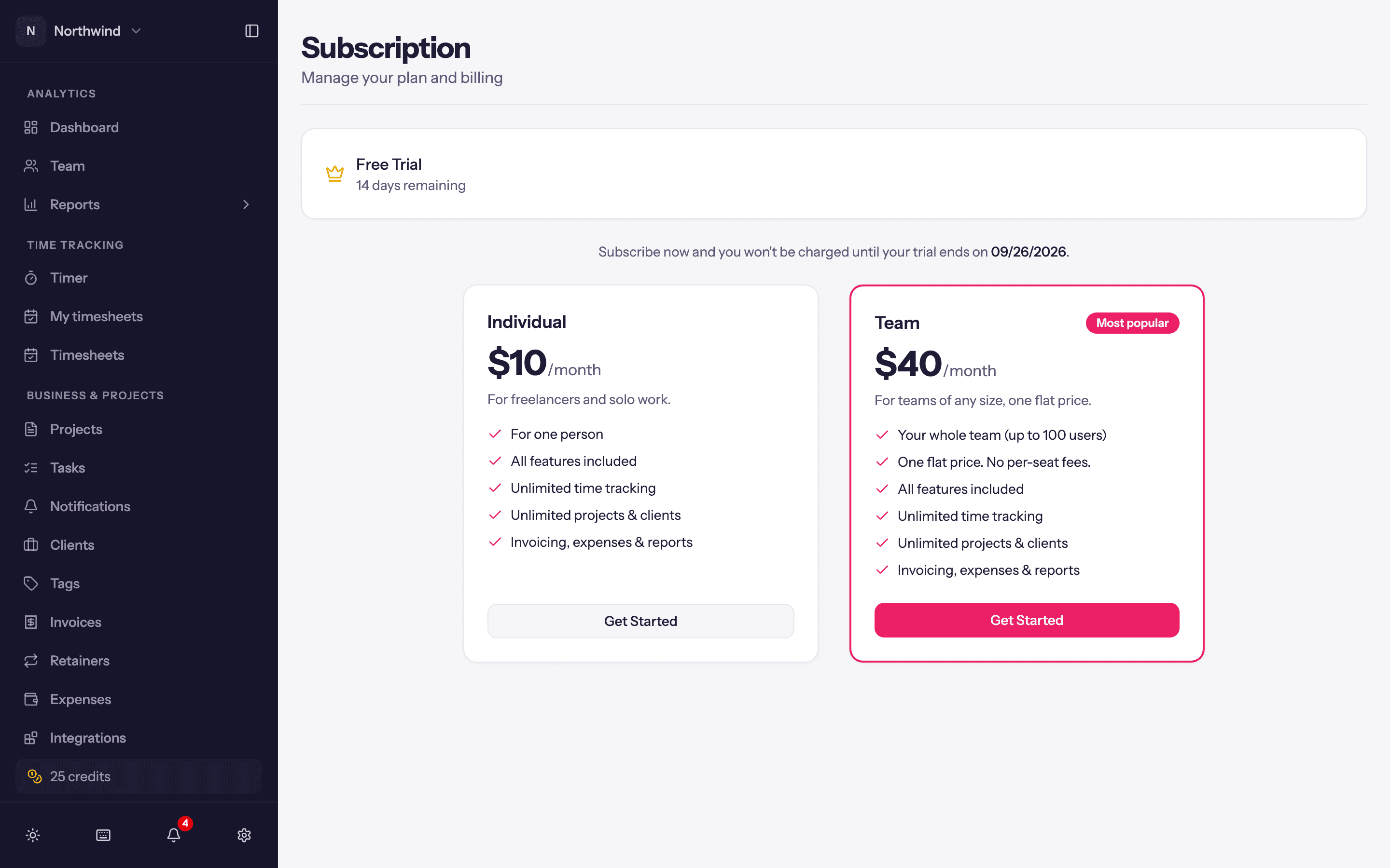 The Subscription page during the trial, with the Individual and Team plans.