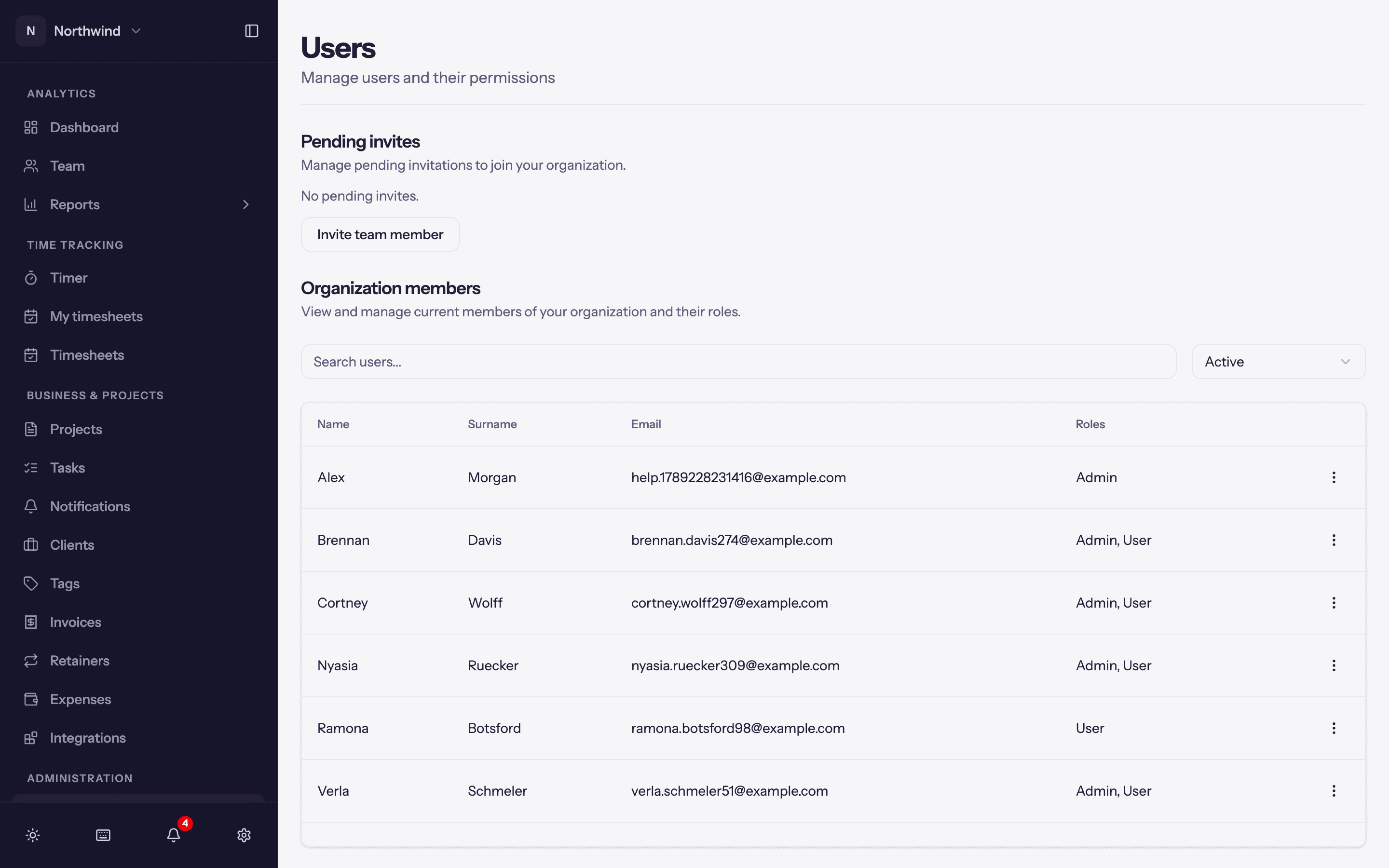 The Users page: pending invites at the top, then organization members with their roles, AI balance and status.