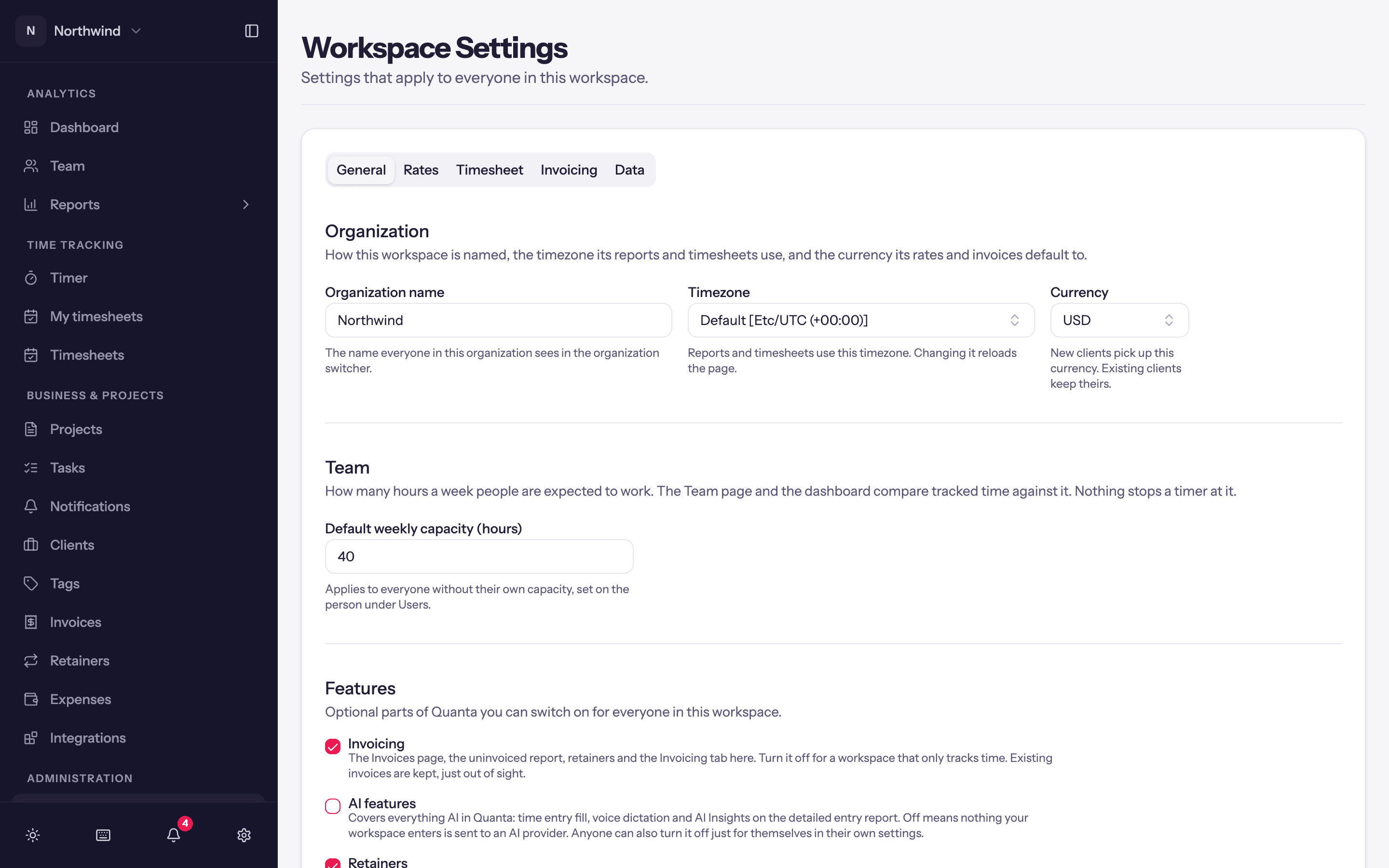 Workspace Settings on the General tab: Organization, Team and Features sections.