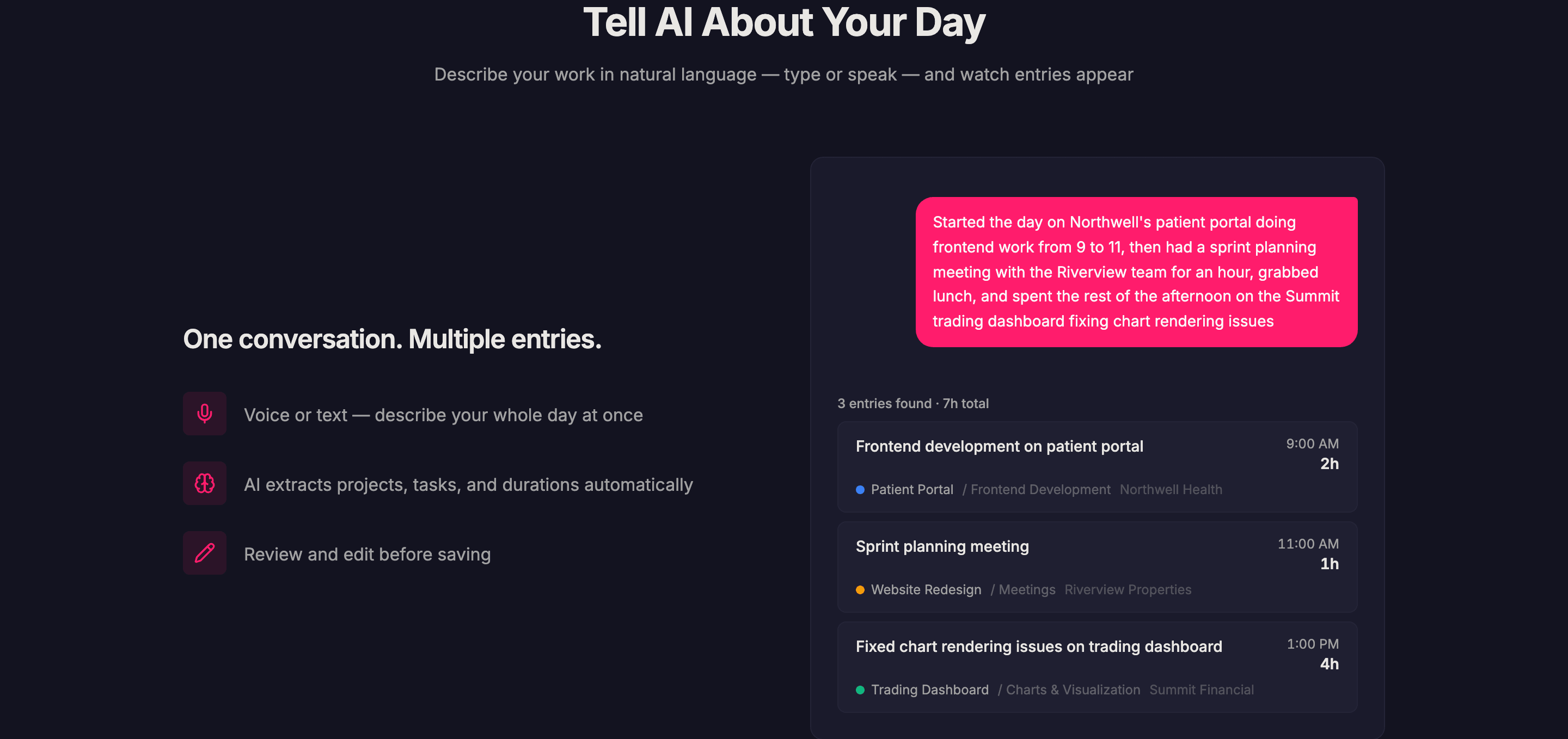 Tell AI about your day — describe your work in natural language and Quanta creates the entries