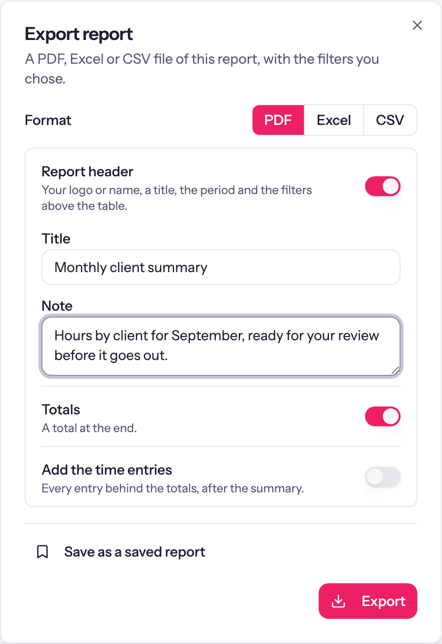 The Export report dialog with PDF selected, the Report header and Totals switches on, and a title and a note filled in