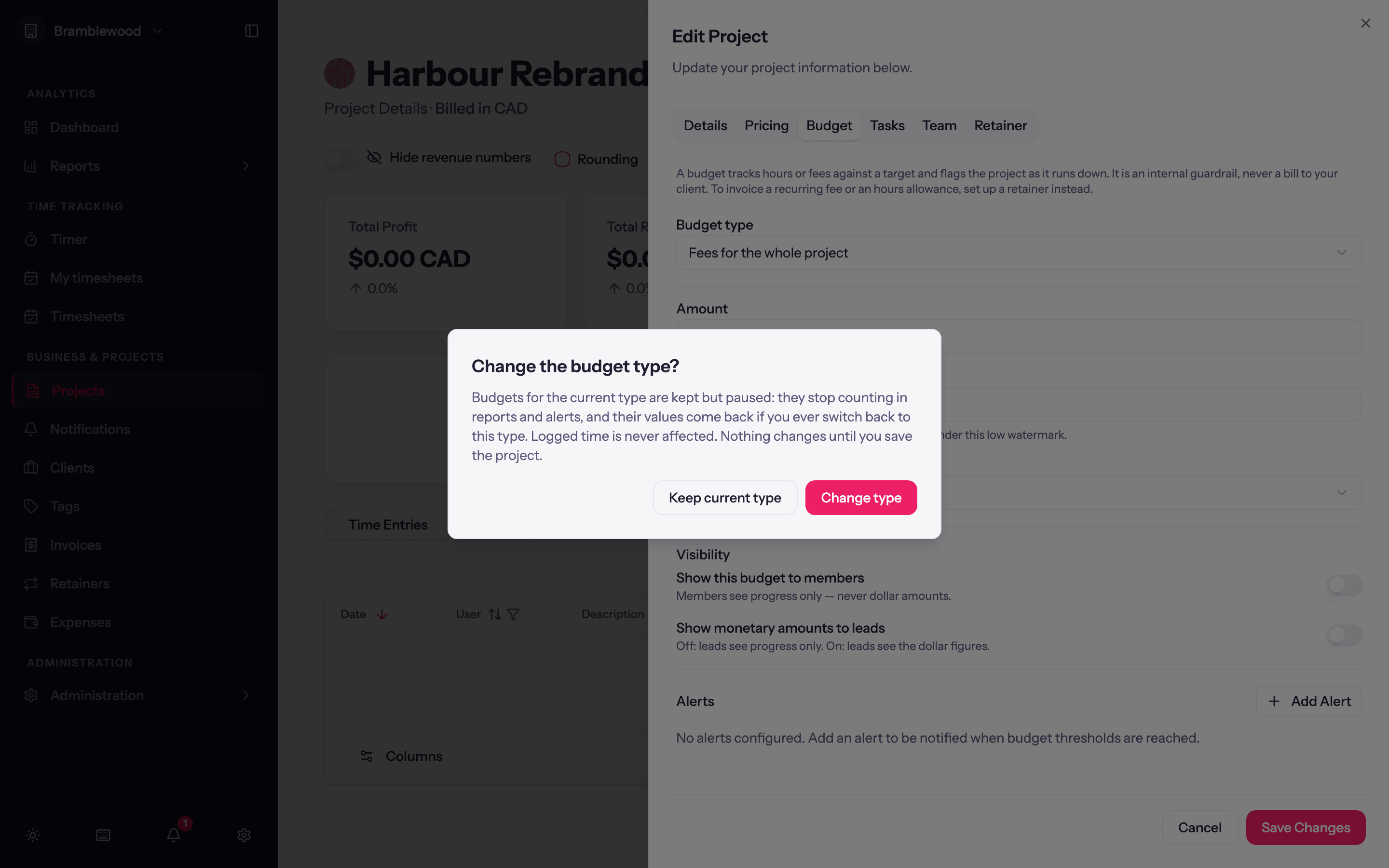 The confirmation shown when changing a project's budget type