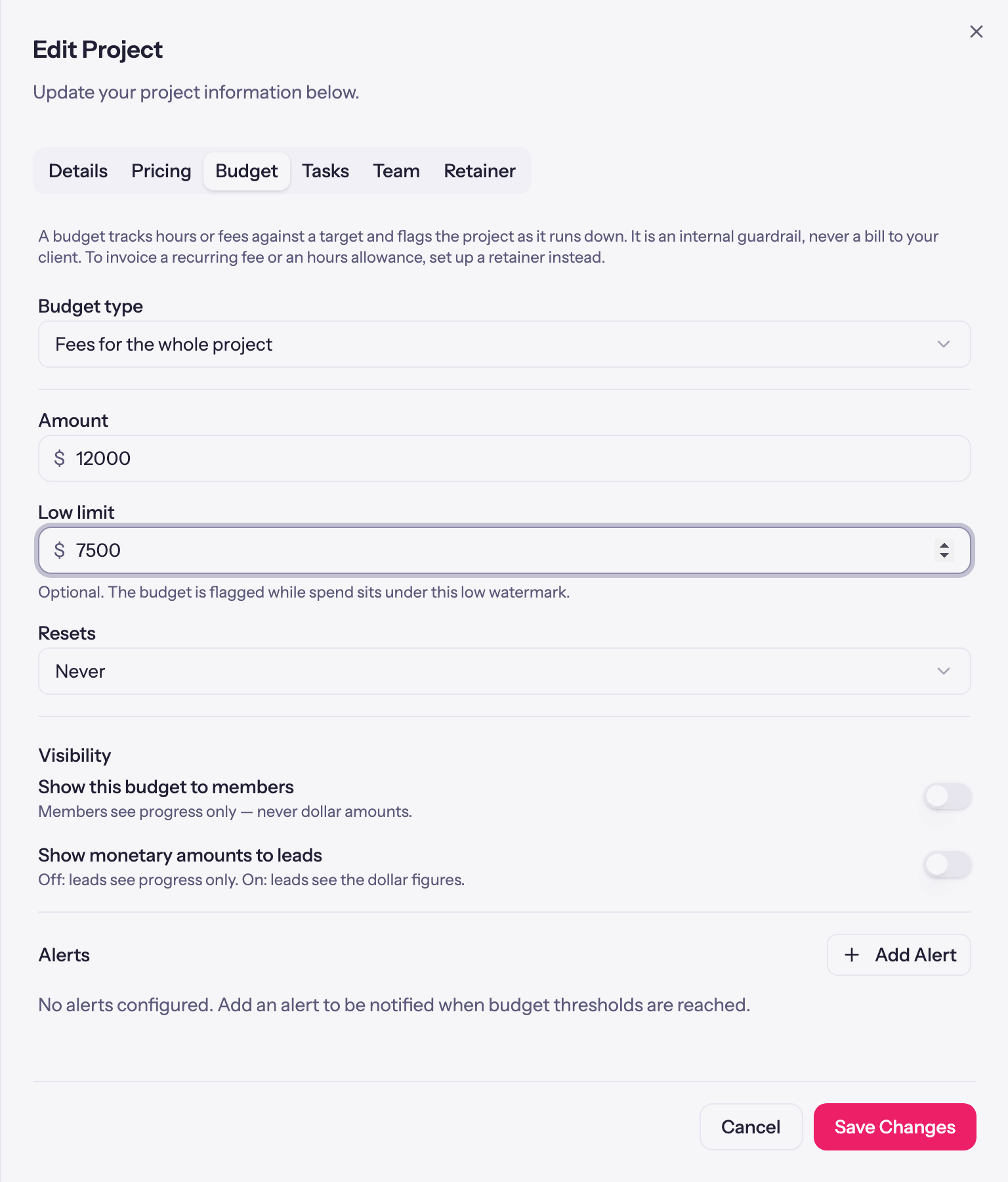 The budget form showing amount, low limit, and reset frequency
