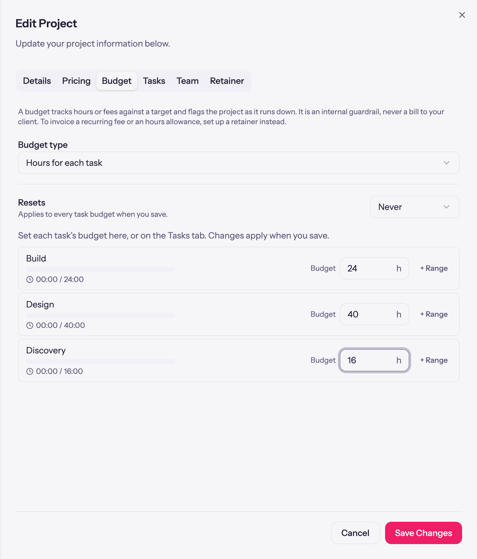 Per-task budget amounts entered alongside the tasks themselves