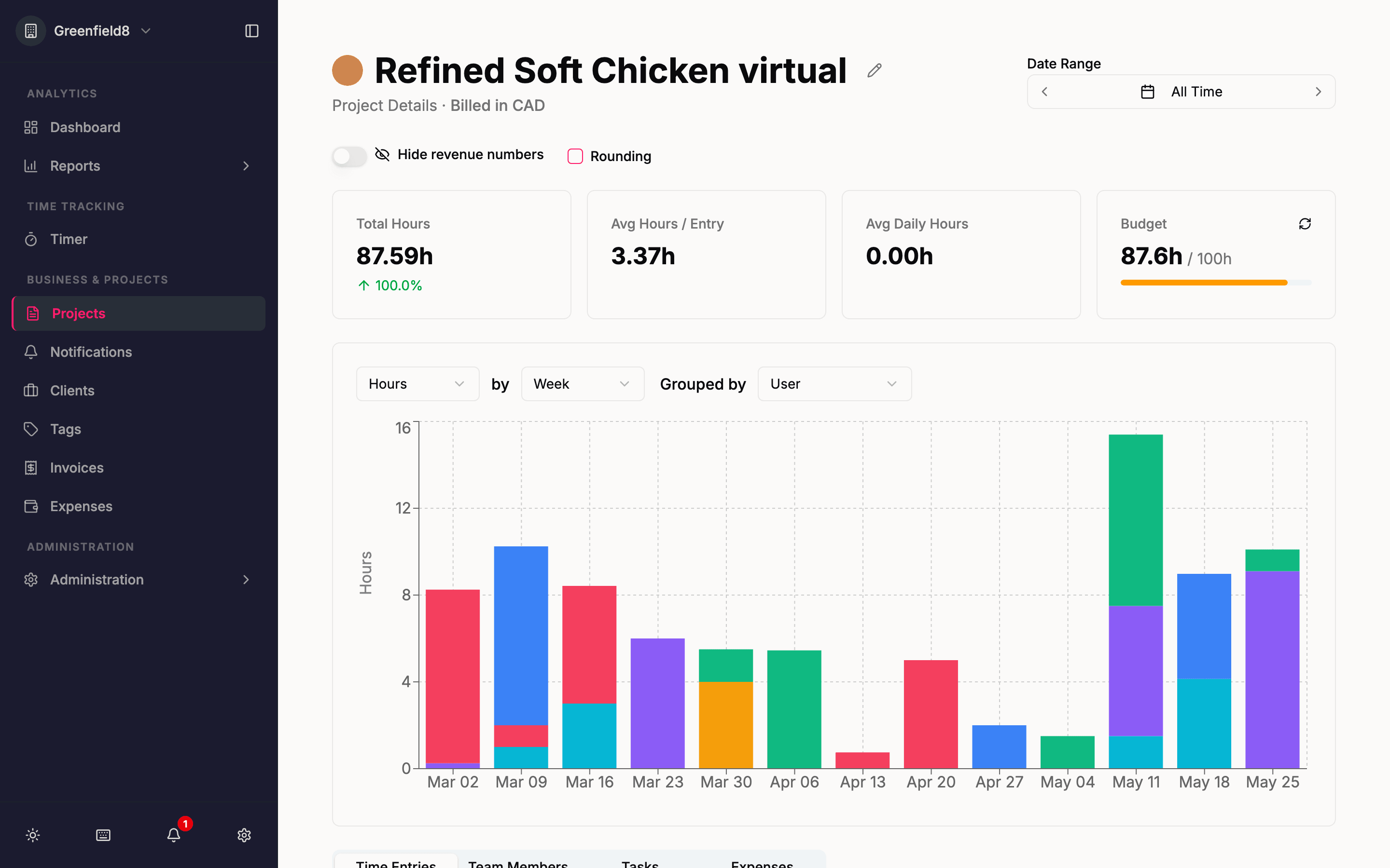 Project budget tracking — set hour or dollar limits and watch progress in real time