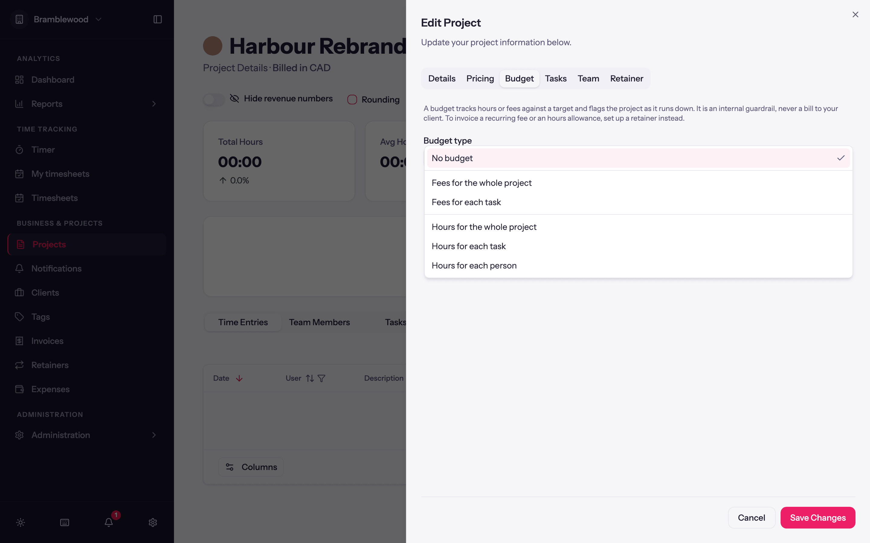 The budget type dropdown showing fee budgets and hour budgets grouped separately