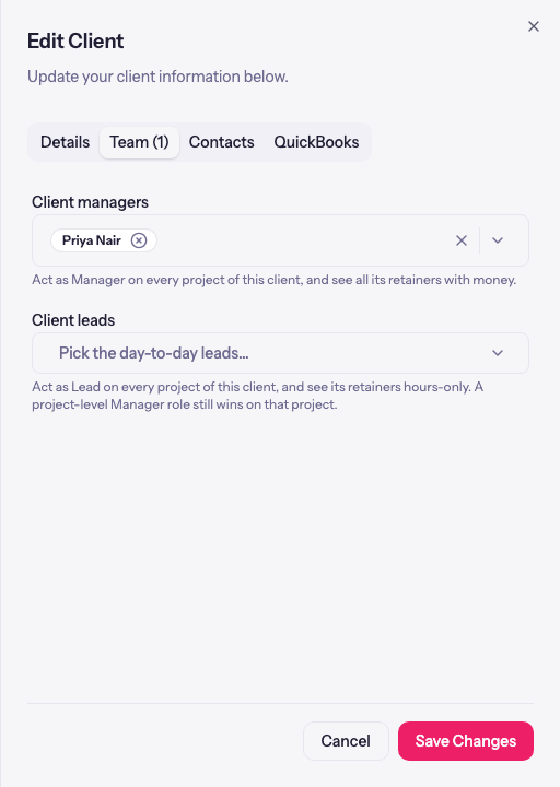 The client Team tab with client manager and client lead selectors