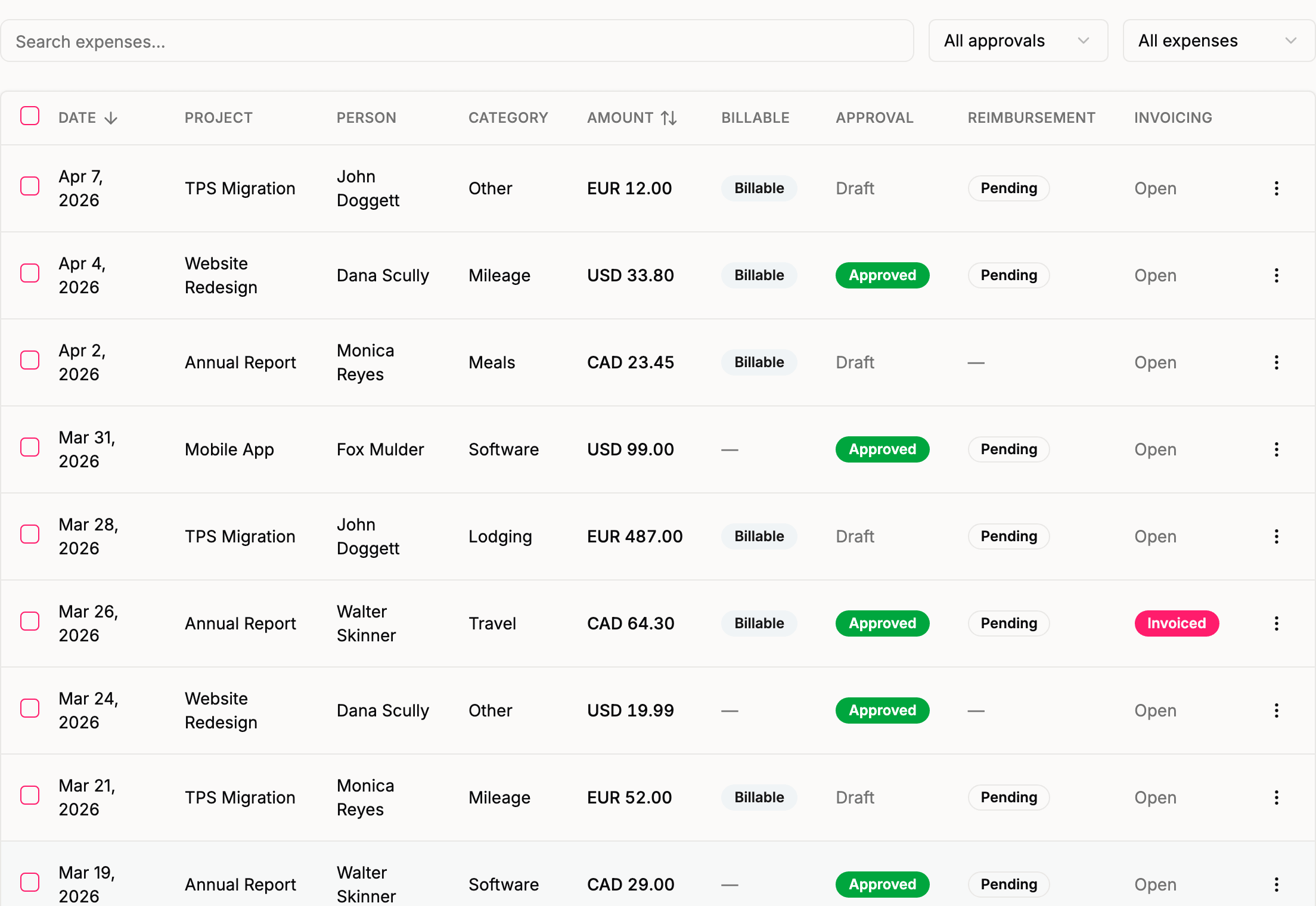 The Expenses list with Person, Approval, Reimbursement, and Invoicing columns, plus state filters