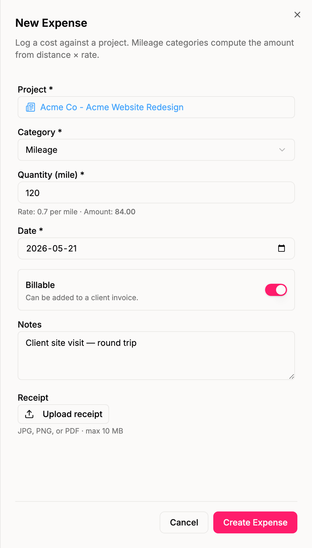 Logging a mileage expense — the amount is computed from distance × rate