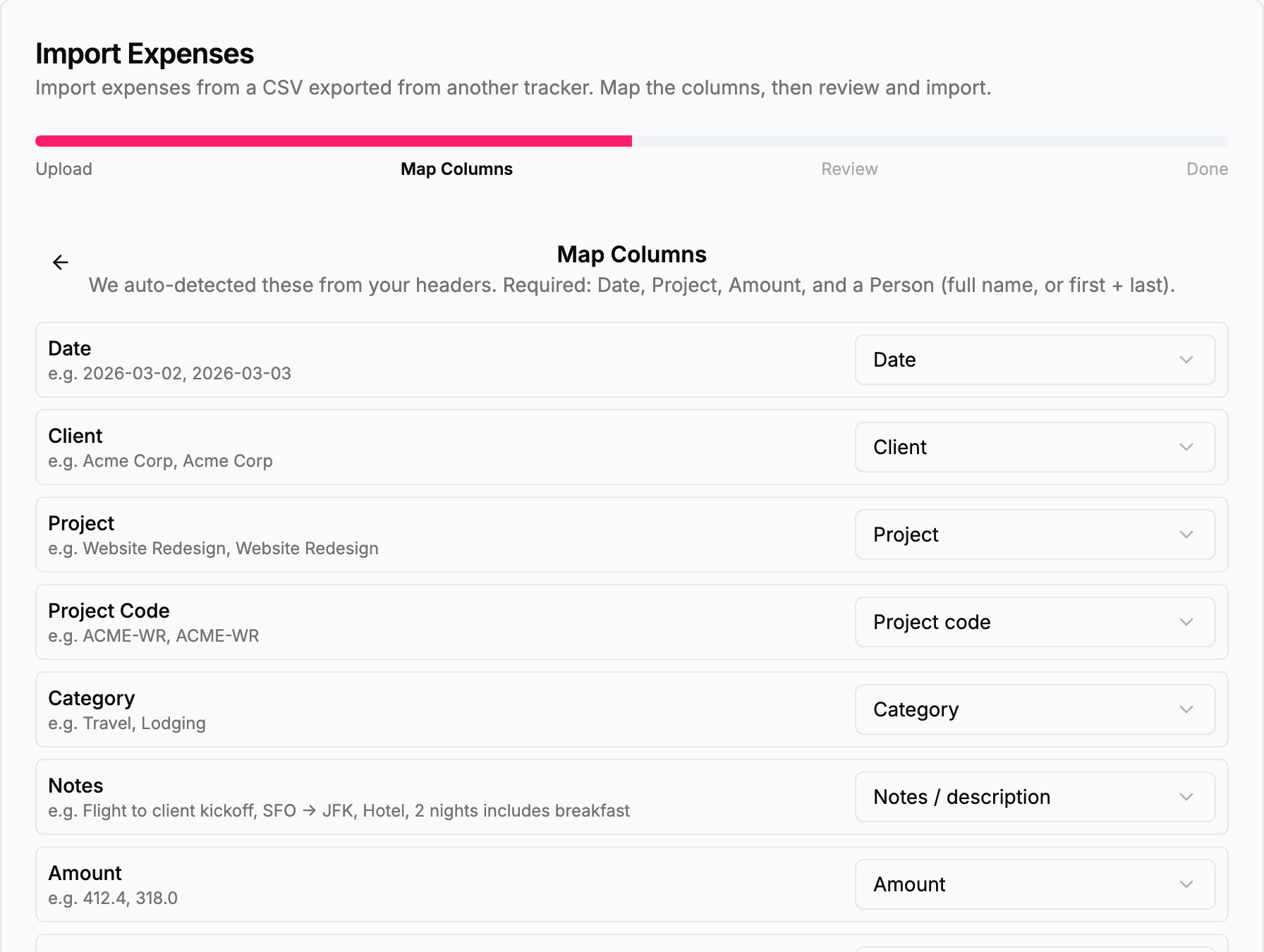 Mapping your CSV columns to Quanta fields — auto-detected, and editable per column