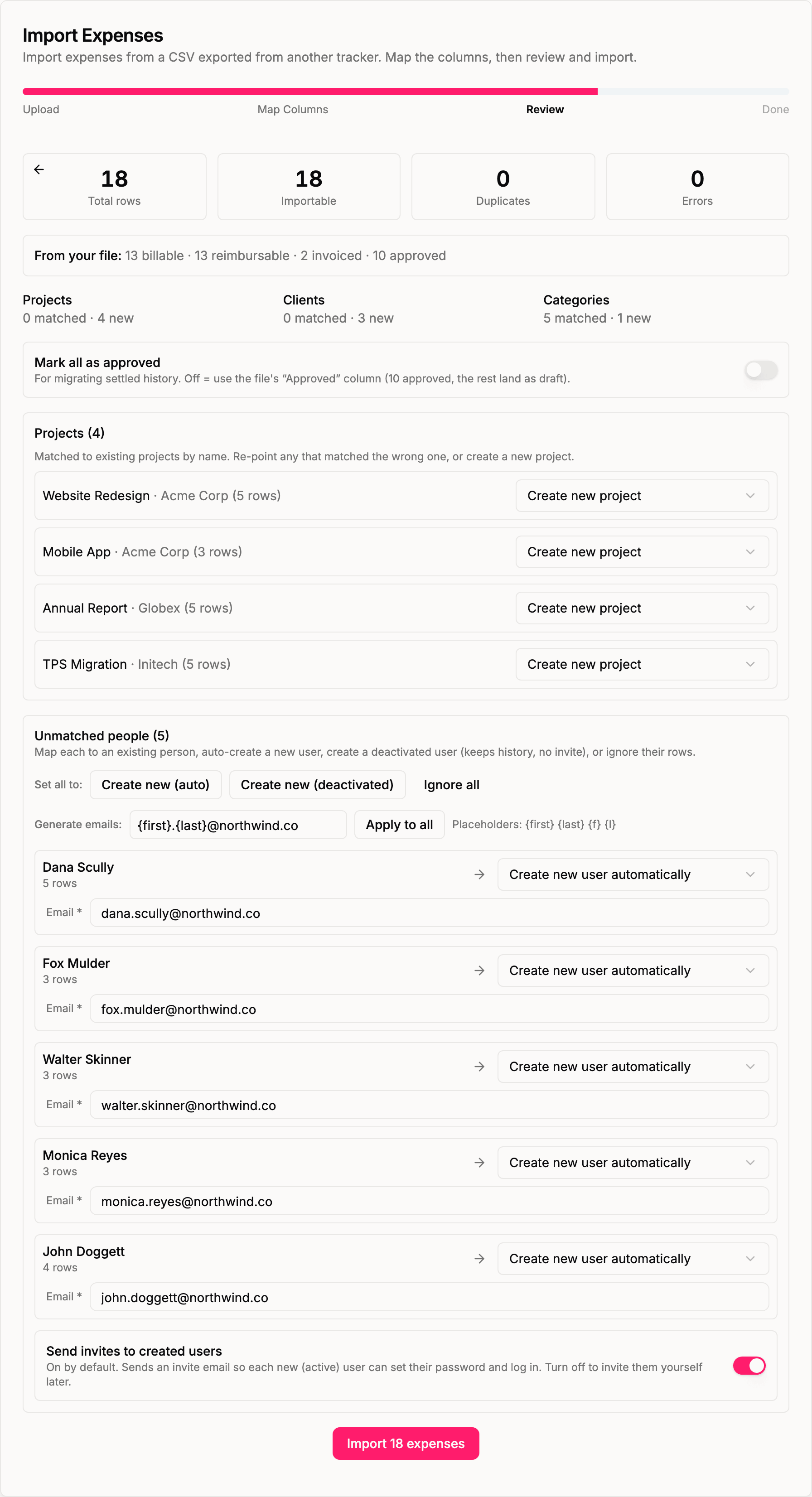 The review step: import counts, the flags detected in your file, per-project mapping, and per-person handling with a generated-email helper