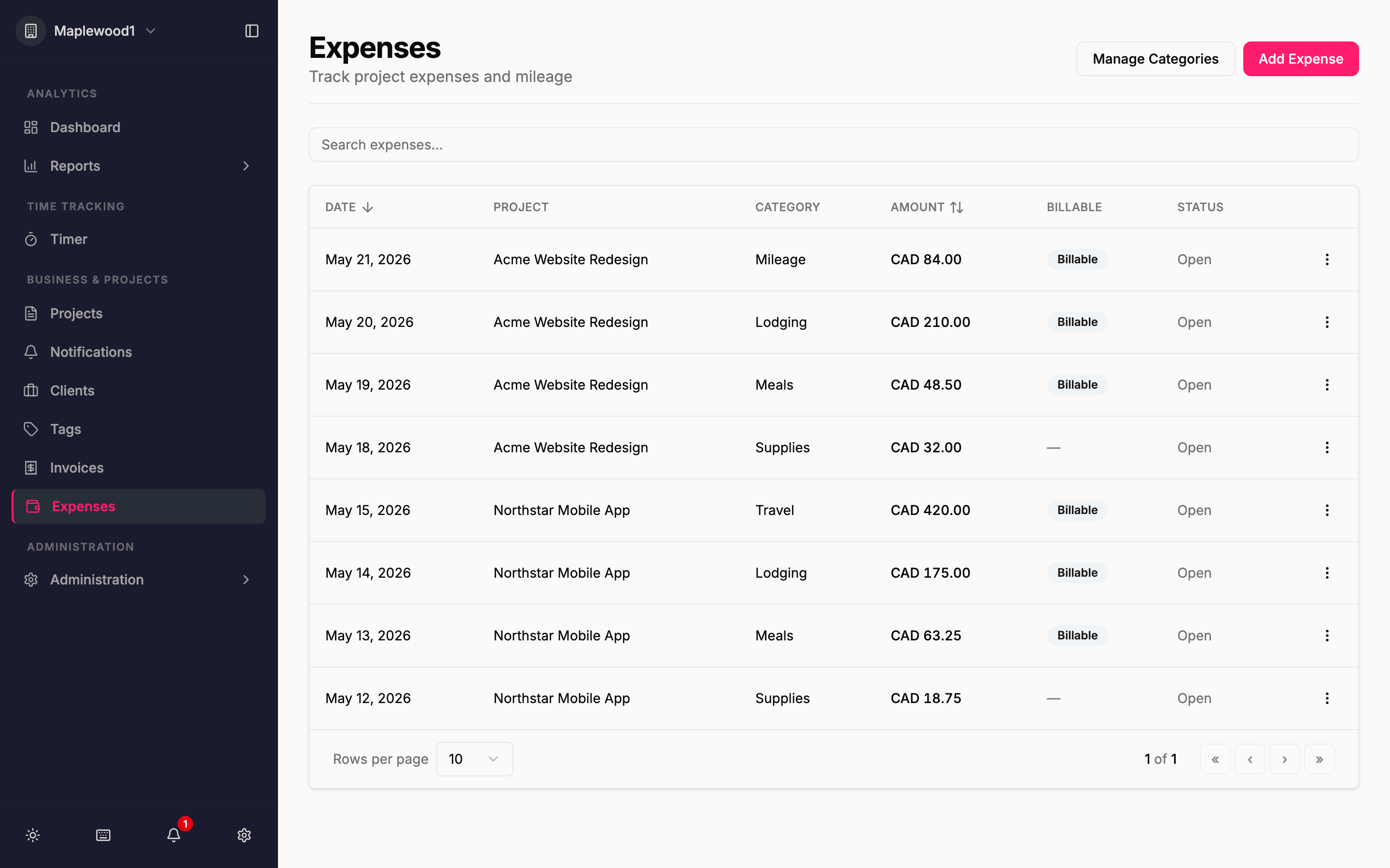 The Expenses list with billable, mileage, and flat expenses