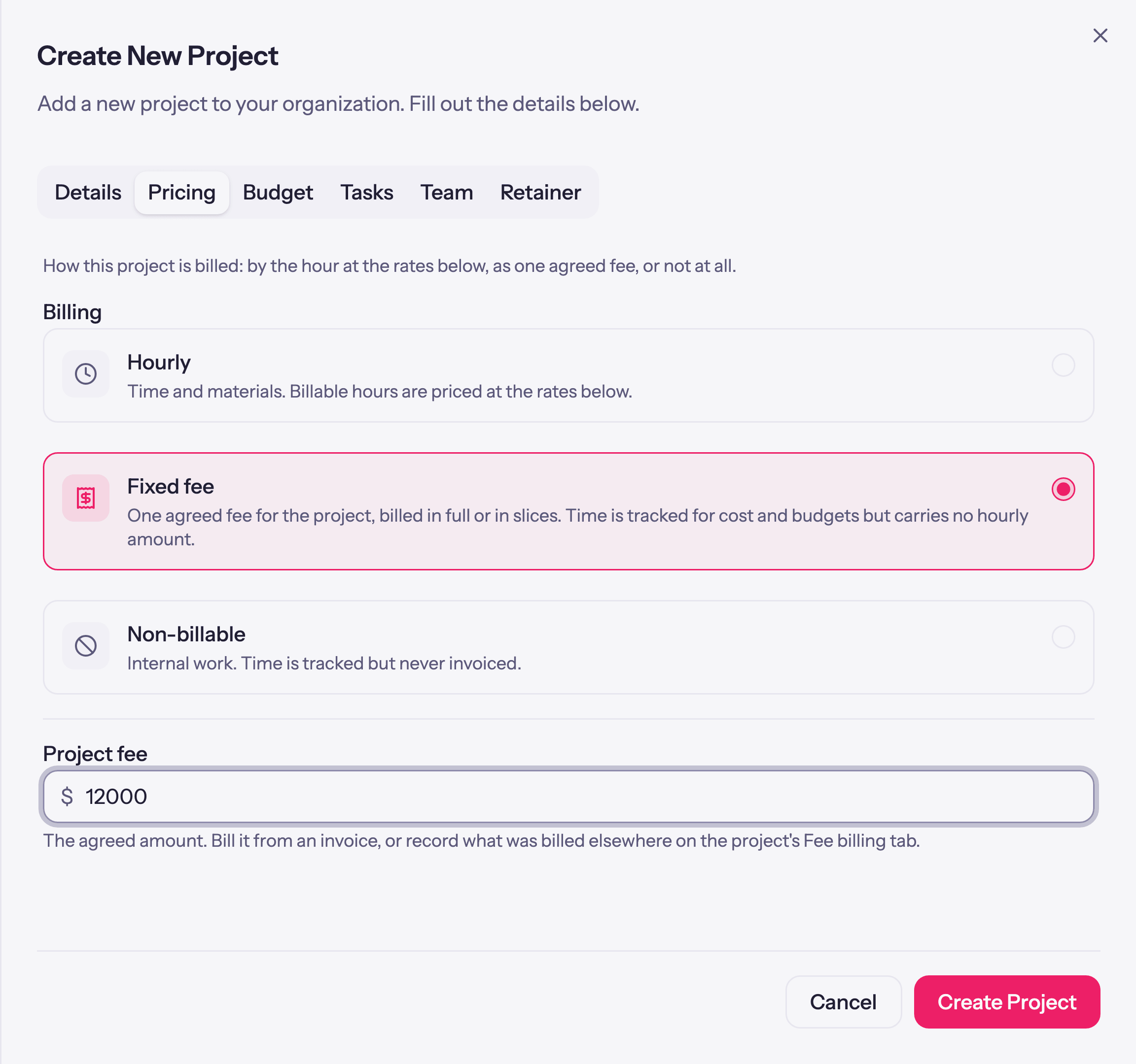 Choosing a billing type on a project: hourly, fixed fee, or non-billable