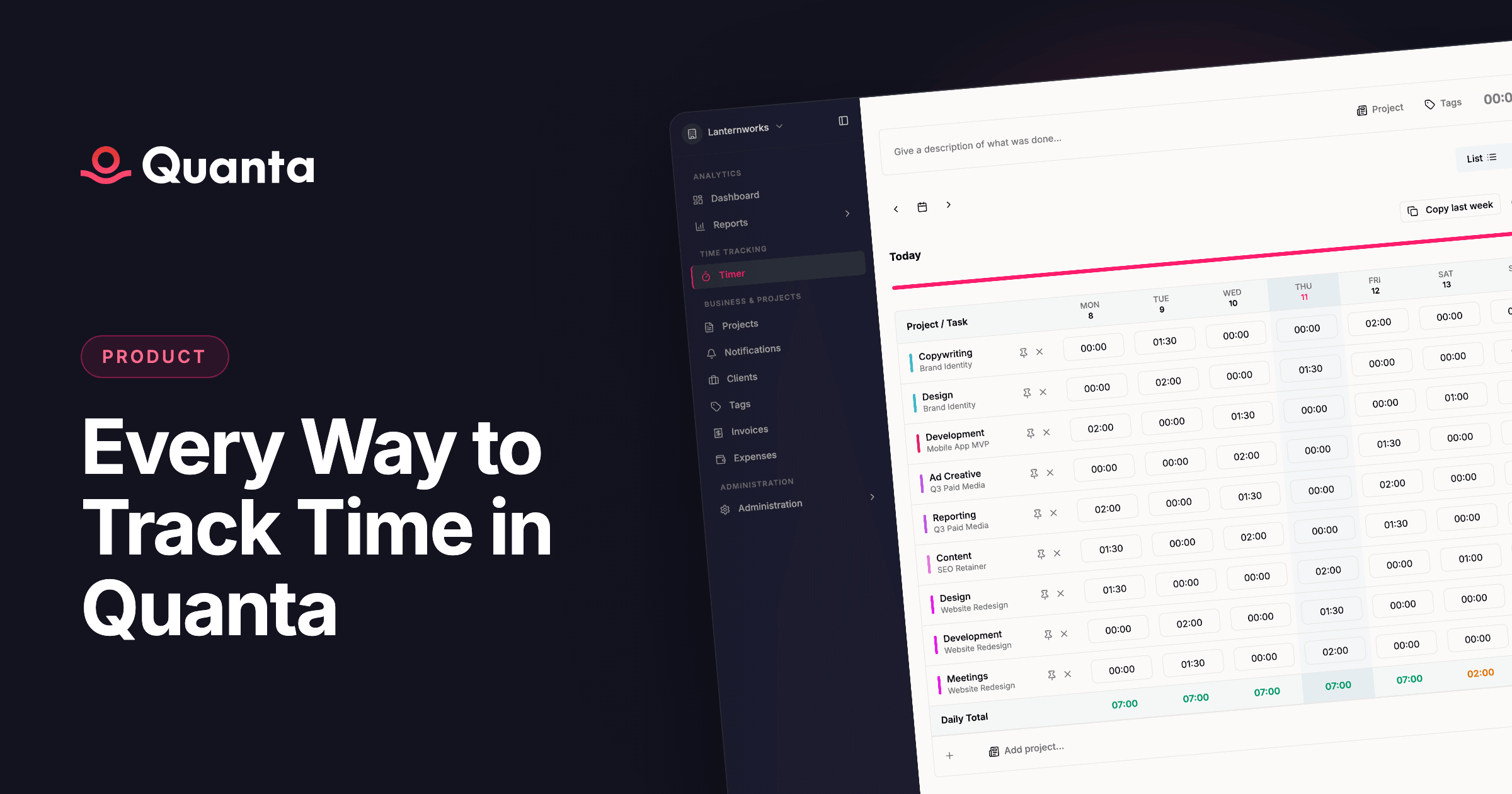 Timers, timesheets, and grids: every way to track time in Quanta