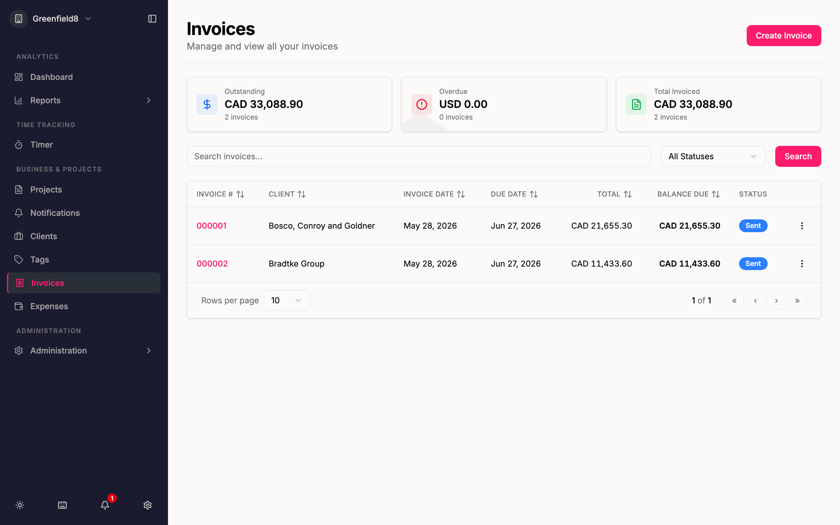 Invoice list with outstanding, overdue, and total invoiced summaries