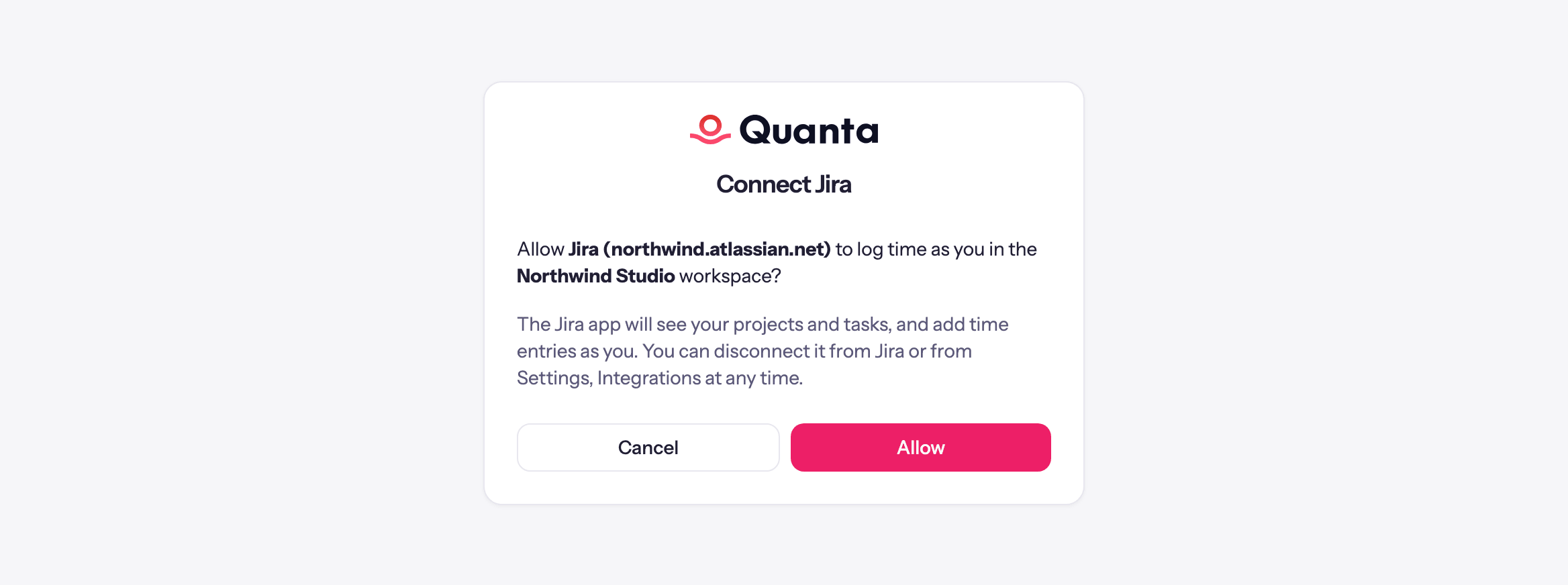 Quanta asking whether to allow a Jira site to log time as you in your workspace